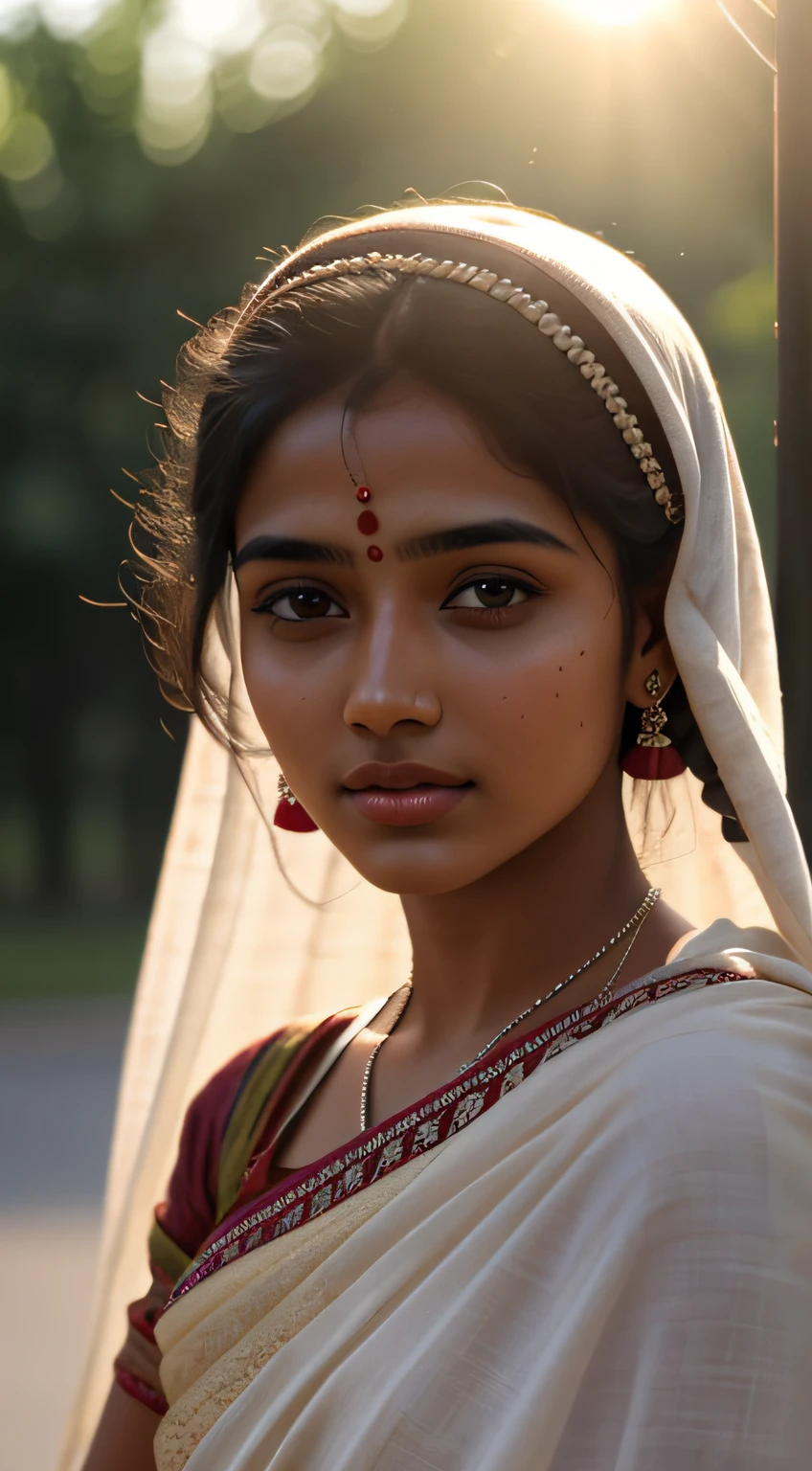 young Indian girl, 18-year-old,  gentle sun lighting on face , village mood , old cloths, silk cloth, cloth is transperent , village girl vibe, intricate facial details, full body picture, cinimatic pose flawless complexion, top-notch 3D rendering, hyper-realistic, shot on Indian road. photorealistic digital art trending on Artstation 8k HD high definition detailed realistic, detailed, skin texture, hyper detailed, realistic skin texture, armature, best quality, ultra high res, (photorealistic:1.4),, high resolution, detailed, raw photo, 400 camera f1.6 lens rich colors hyper realistic lifelike texture dramatic lighting unrealengine trending on artstation cinestill 800