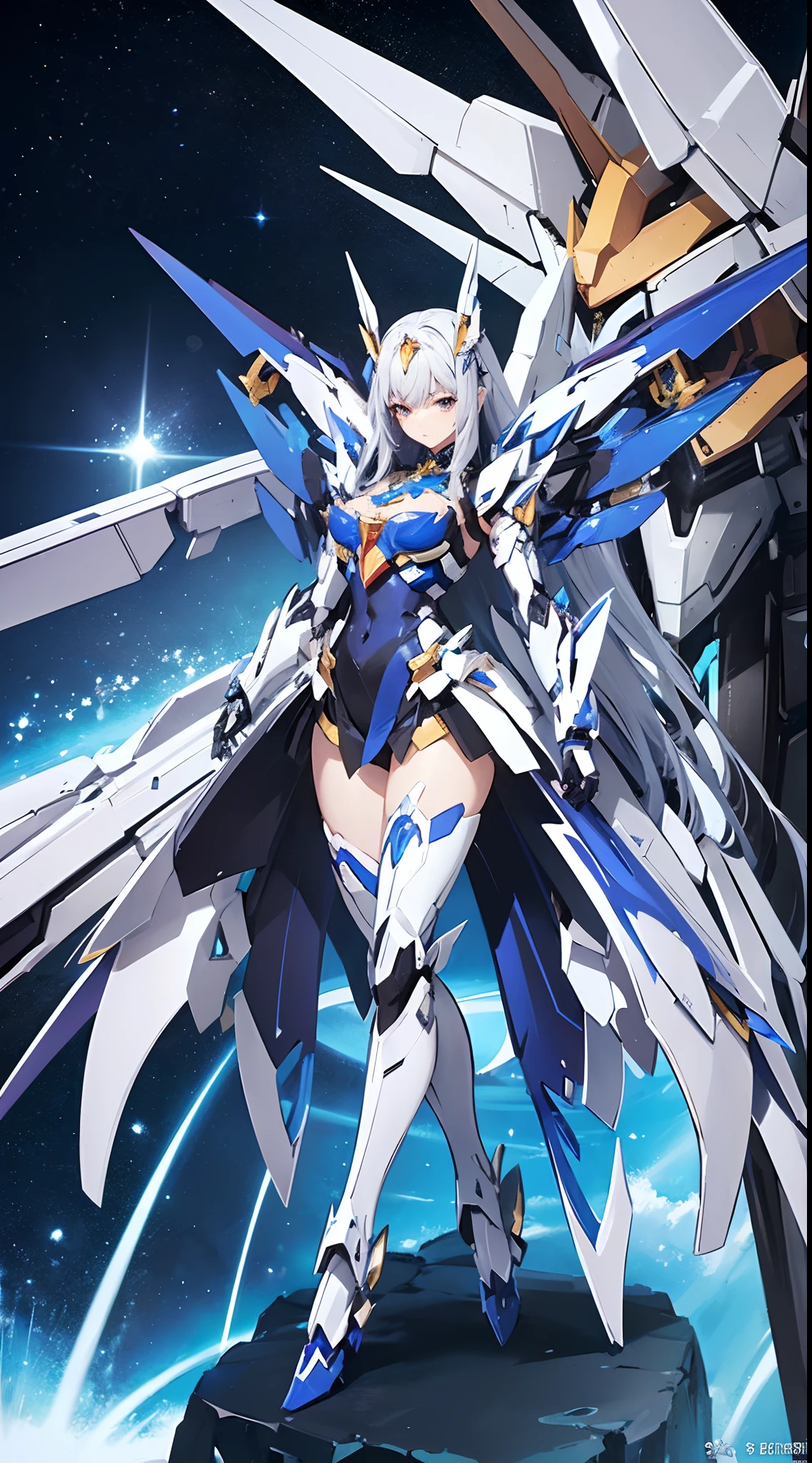 ((8K)), ((top-quality)), ((masterpiece)), ((超A high resolution)), ((T-Mastepiece)), detailed skin textures, Detailed Cloth Texture, Detailed metal texture, ((beautifull detailed face)), Raw photo, proffesional, Ultra-fine painting, ((独奏)), ((Woman dressed as Mecha Angel)), beutiful breast, concept-art, Anime Science Fantasy Artwork, Detailed Science Fantasy Art, (Has silver-colored hair and large sapphire-blue mecha wings), (mechs:1.6)Sleek and menacing design, ((Marshal's Hi-ν Gundam Armament)), ((Sapphire blue main and pearl white armor)), symmetrical wings, 8k high quality detailed art, 3D rendering of character art in 8K, defined legs, Defined arm, defined fingers、(NSFW)