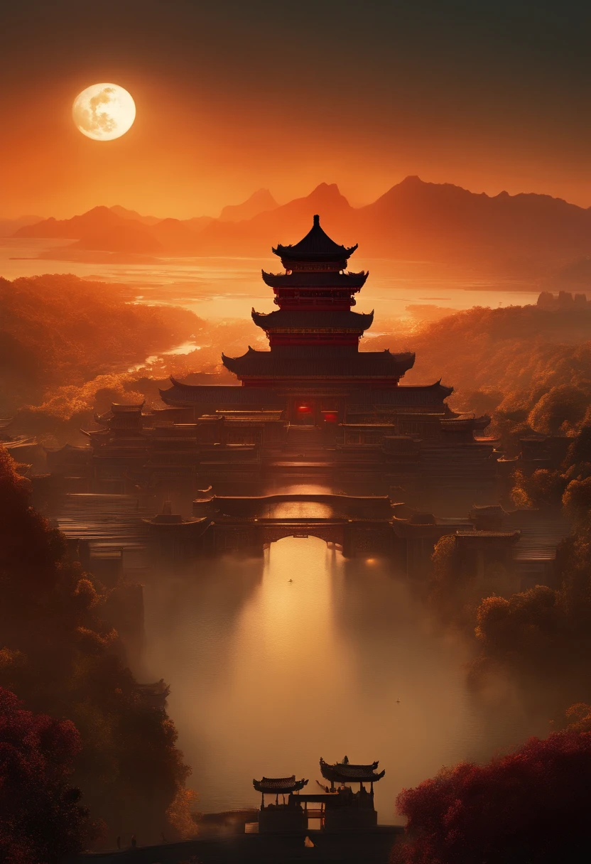arafed view of a chinese temple on a small island in the middle of the ocean, cyberpunk chinese ancient castle, beautiful render of tang dynasty, ancient chinese architecture, floating palace, chinese palace, chinese architecture, chinese building, water temple, with ancient chinese aesthetic, chinese style, an immense floating castle, 3 d render beeple, palace floating in the sky