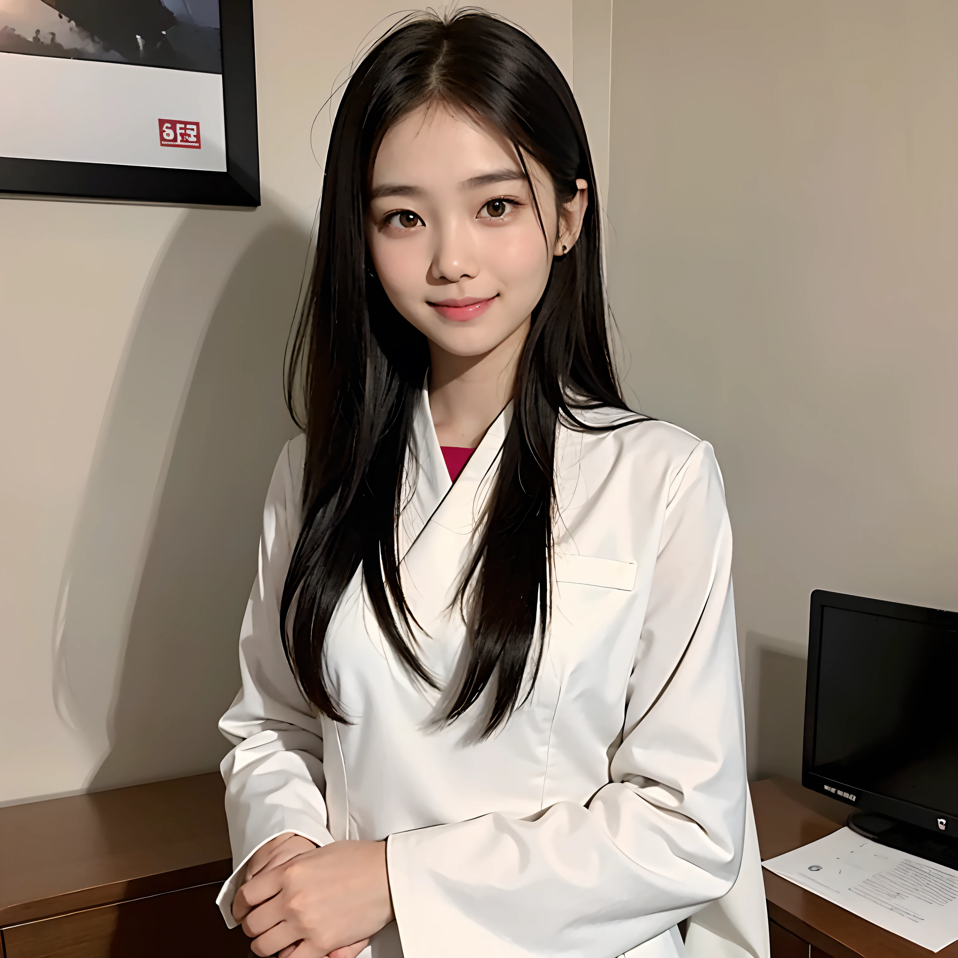 Myanmar girl,21 years old, good looking,long hair,looking at the camera,smiling face, wearing office suit, photo showing upper half of the body, white skin,