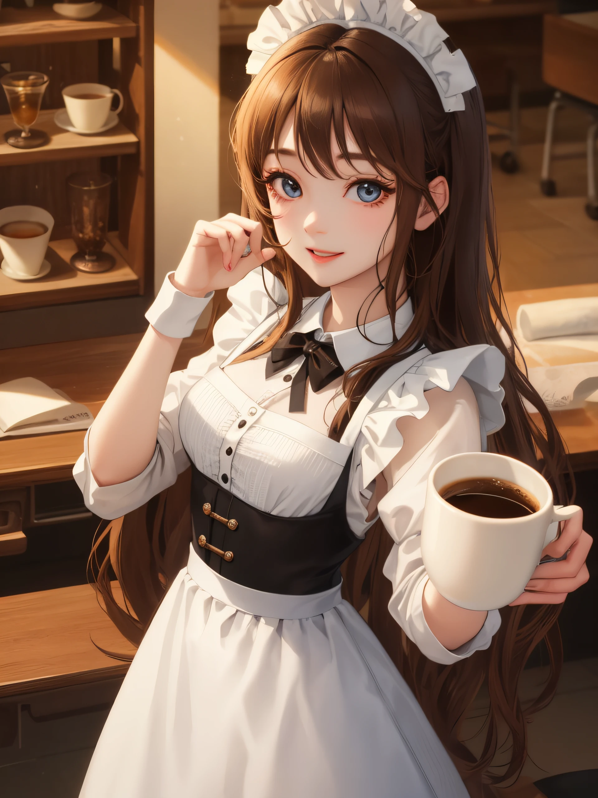 ​masterpiece、top-quality、ighly detailed、Three-dimensional feeling、***1人、 [3D images:1.15]、a room、a chair、desk、Coffee is brewed elegantly、cups、 super precision、[[In high-quality anime、Cute with light brown hair and brown eyes:1.15]]、maid clothes, 8ＫImagen、A cute smile no matter who looks at it、Attractive eyes、Dress correctly、best pictures, Detailed finger、masutepiece, Photorealistic, High resolution, Soft light, Attractive eyes that make you feel sucked in