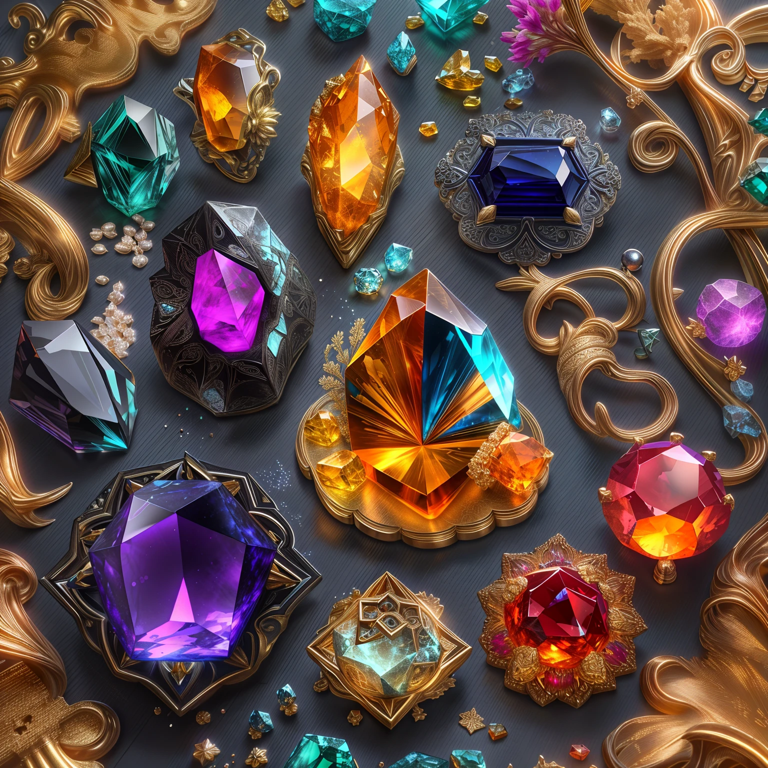 (Arcane style: 1.2), (Full Focus: 2), (Everything in the showcase: 1.3), (coin |Magic Items | Multicolored gemstones | cherry blossoms | Printed silk products | Medals | Ores | obsidian | pearls | emerald | White jade | amethyst | sapphire | Jewelry made of gold | Silverware | Purple gold | Magic jewelry | antiques | ruby | Orange Gemstone | blue gemstone | Topaz |: 2), Magic symbols, Magic particle effects, High-tech luxury, High-quality jewelry, Expensive metal, Luxuries, No puzzles, Detailed and complex backgrounds, Sparkling, reflection light, extra high resolution, Award-winning, hight resolution, Highly detailed texture, Contrast between light and dark, Cinematic lighting, Masterpieces, Ray Tracing, Structurally correct, super details, high-quality, high detail, Best Quality, 16k