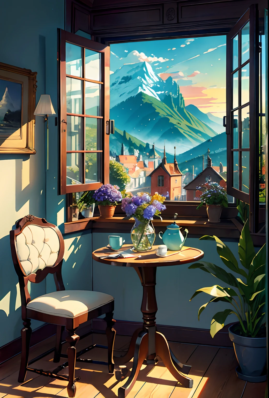 Kitchen, fruits, vegetables, pots, cups, plates, teapot, glasses, watercolor, huge, potted plants, flowers in a vase, figurines, rocking chair, birds, cat, expensive and cozy interior, creative workshop, décor, Cozy artist's workshop, easel, color palette, acrylic paints, paintings, large windows, loggia, art, awards, table, sofa, armchairs, mirror, crystals, meditation, harmony, many books on the walls, paintings on the walls,  view from the window, sea, mountains, amazing sunset, floral arrangements, paints, brushes, artist's theme, elegant, dynamic bright lighting, happiness, full color, multicolored, artful, highest detail, super quality, small details, highlights, neon lights, masterpiece, best colors