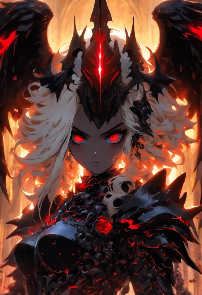 queen power armor  , (gothic style), full body view , bellybutton, The most beautiful and sexy demon goddess, long white hair, glowing red eyes, wearing detailed black gothic battle armor, black angel wings, tattoos and piercings, gothic castle, perfect masterpiece, high quality, high resolution