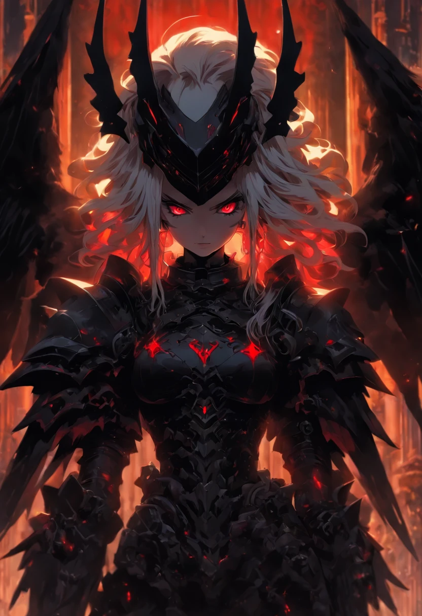 queen power armor little girl , (gothic style), full body view , bellybutton, The most beautiful and sexy demon goddess, long white hair, glowing red eyes, wearing detailed black gothic battle armor, black angel wings, tattoos and piercings, gothic castle, perfect masterpiece, high quality, high resolution