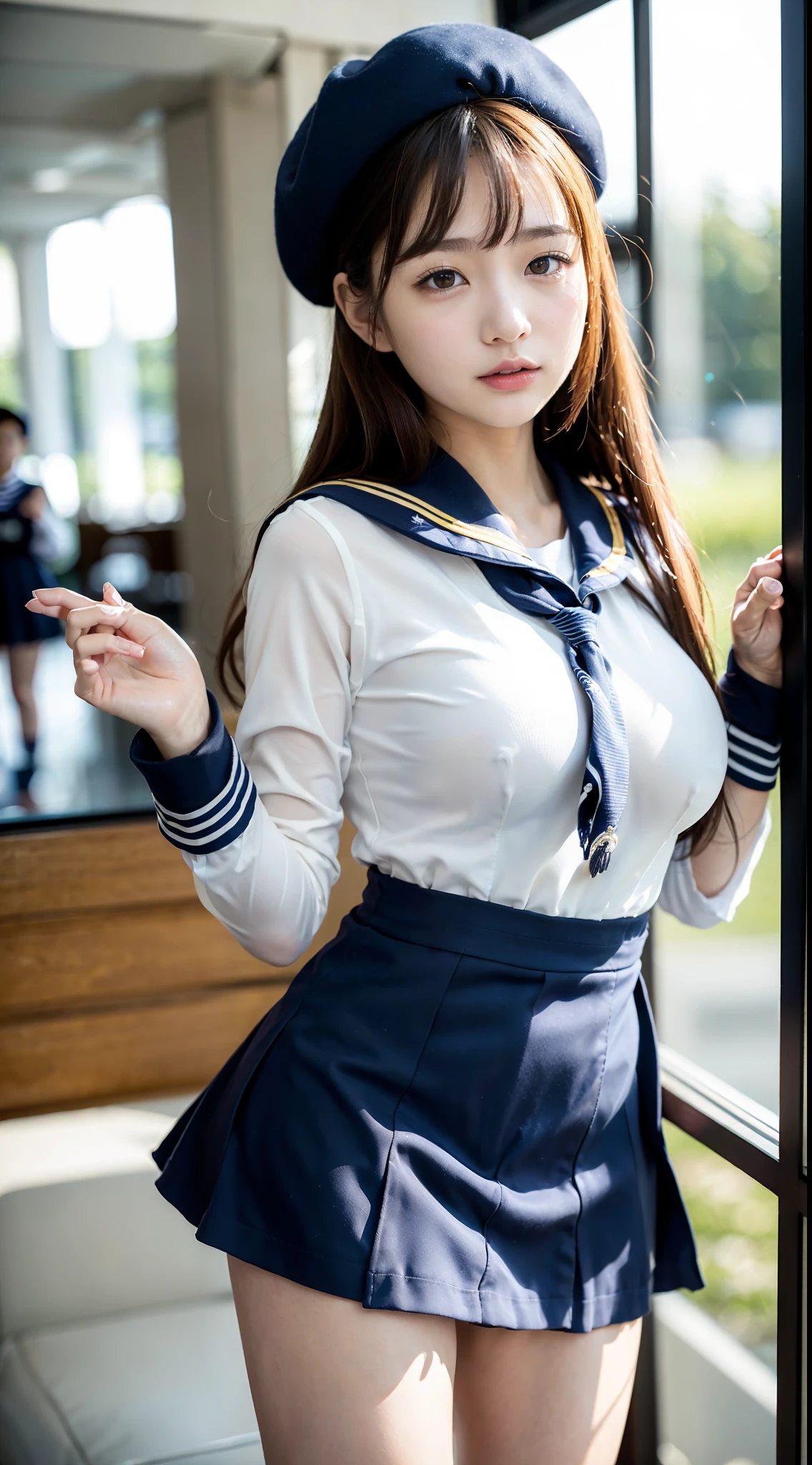 mix4, (16 K, Raw photography, Top image quality, masterpiece: 1.45), (realisitic, Photorealsitic: 1.37), one girls, 7.5, etc、No skin exposure due to clothing、well maintained、Random hairstyle、Standing figure,Daylight hours、a very cute,, profetional lighting, photon maping、physically-based renderingt, Gradient dark brown hair,Crisp backgrounds and high resolution, a handsome, Well-groomed and beautiful eyes、Large double eyelids、Very shiny、girl with, (((student clothes、Long sleeve sailor suit worn by Japan schoolgirl、Navy blue sailor color、scarf、a miniskirt, Small beret、high socks、lowfers))), Top Quality Photos, hight resolution, 1080p, (clearface), (Detailed face description), (Detailed hand description), (masterpiece), (Exquisite CG)、extreme light and shadows、dishevled hair、master work、abundant detail、(Fine facial features)、(top quality photo)、(masuter piece)、(A detailed eye)、Look in front of you、Fine clavicle、((Slender big))、(((Japan schoolgirl in sailor suit)))、((Beautiful face like an idol))、((Airport lobby、Before check-in、Airplane seen from the window))、(((neat and cute)))、耳Nipple Ring、A big smile、Drawing the whole body from the knees、Do not draw nasolabial folds、(((Cute sailor suit)))、(Big breasts that hang down big:1.2)、Big buttocks with tension、Two arms and two legs、(((from the front side:0.3)))、bare hand、No mask、