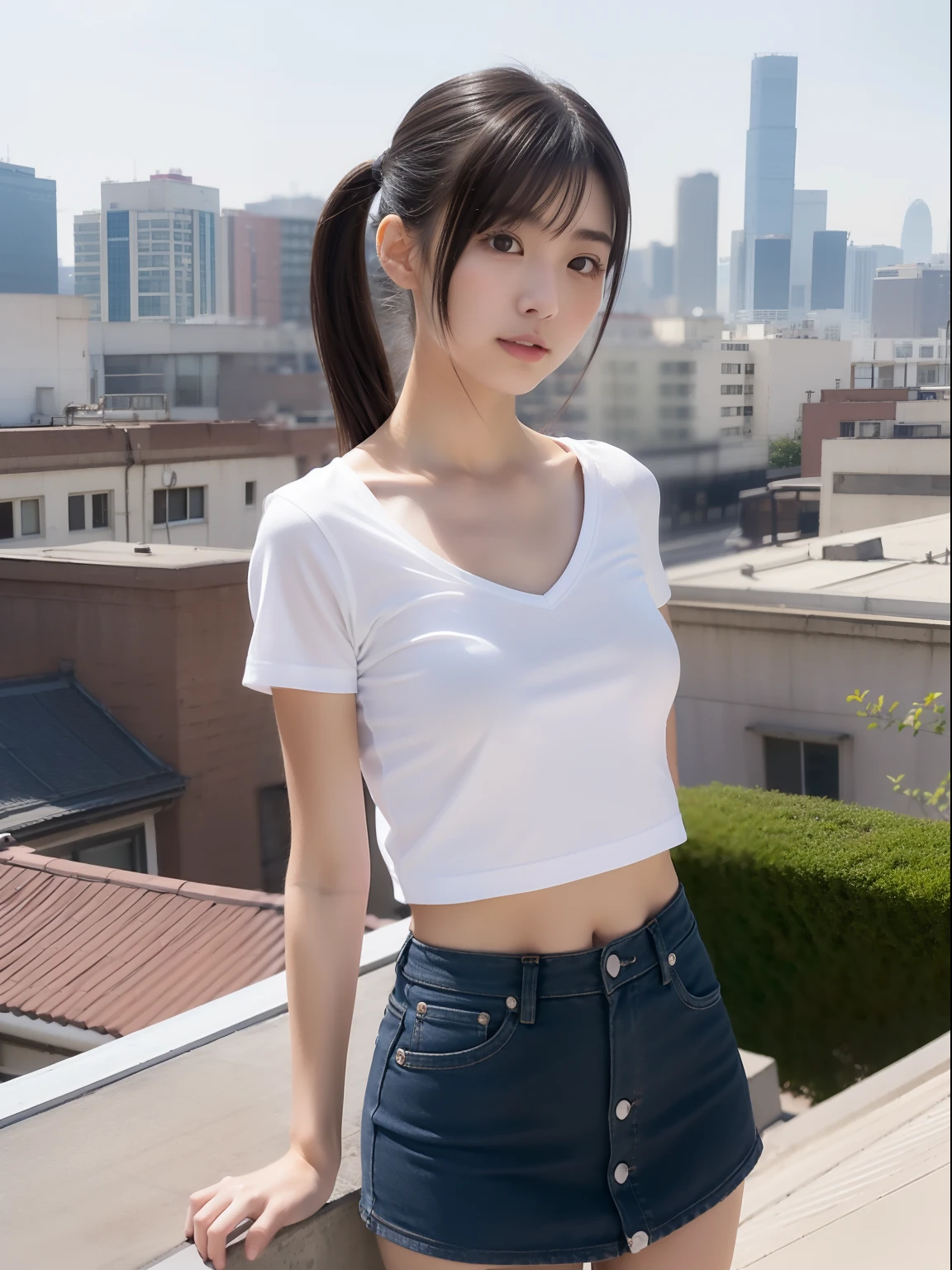 年轻,(a ),tshirts,teens girl,Delicate body,petite body,Delicate body,small ,tiny ,Short,A dark-haired,Twin-tailed,poneyTail,On the roof of a building