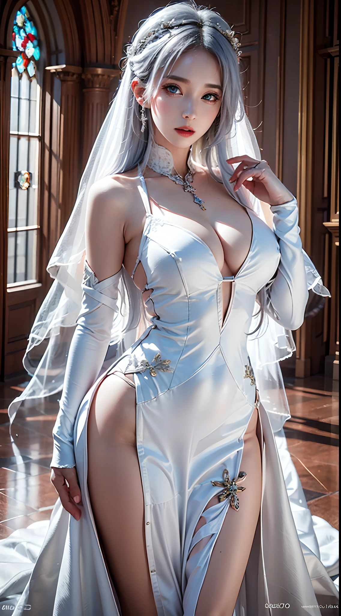 photorealistic, high resolution, soft lights, 1women, solo, hips up, (blue eyes, long hair, white hair), wedding dress, bridal dress, ([luxury tuxedo: :12][:wedding dress:7]:1.4), (adult face:1.3), indoors, bangs,necklace, large breasts, (cathedral, wedding:1.2),