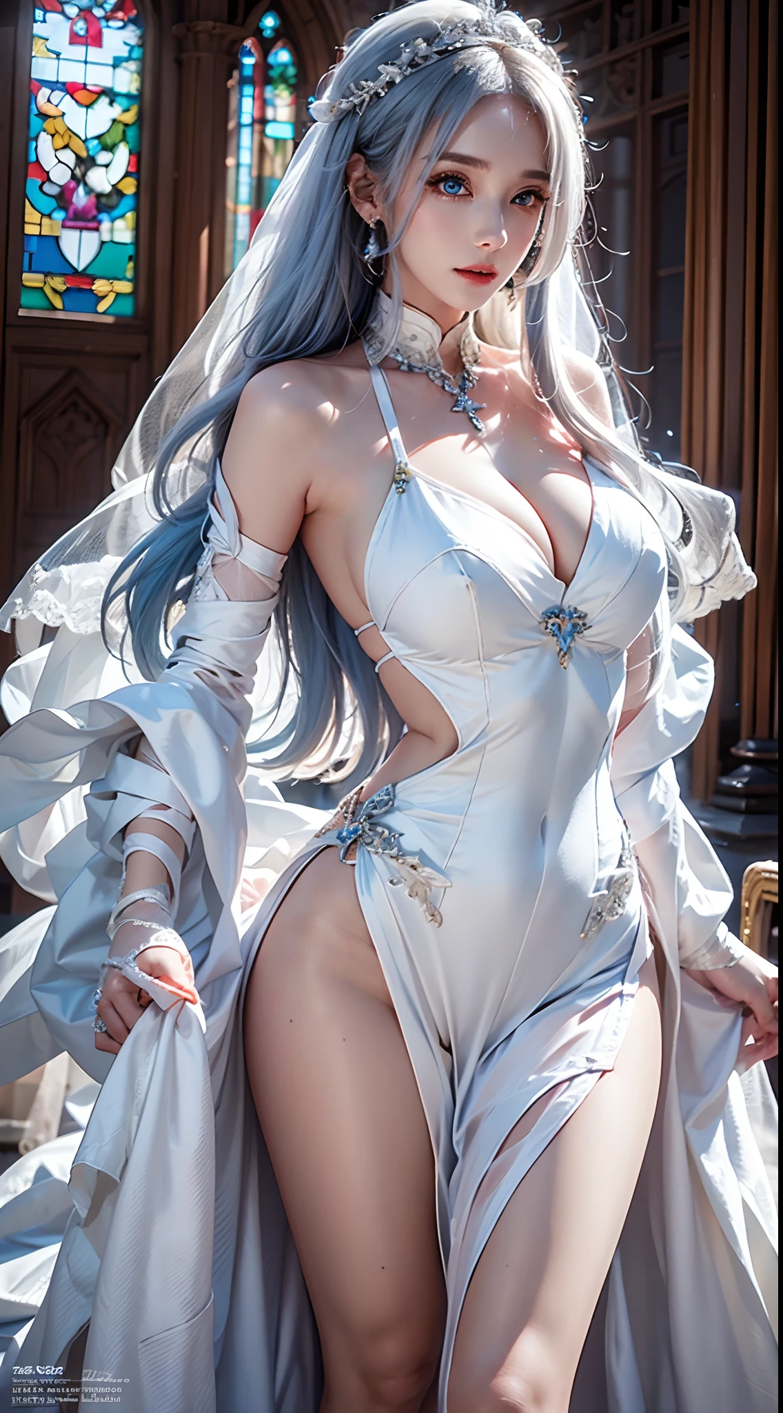 photorealistic, high resolution, soft lights, 1women, solo, hips up, (blue eyes, long hair, white hair), wedding dress, bridal dress, ([luxury tuxedo: :12][:wedding dress:7]:1.4), (adult face:1.3), indoors, bangs,necklace, large breasts, (cathedral, wedding:1.2),