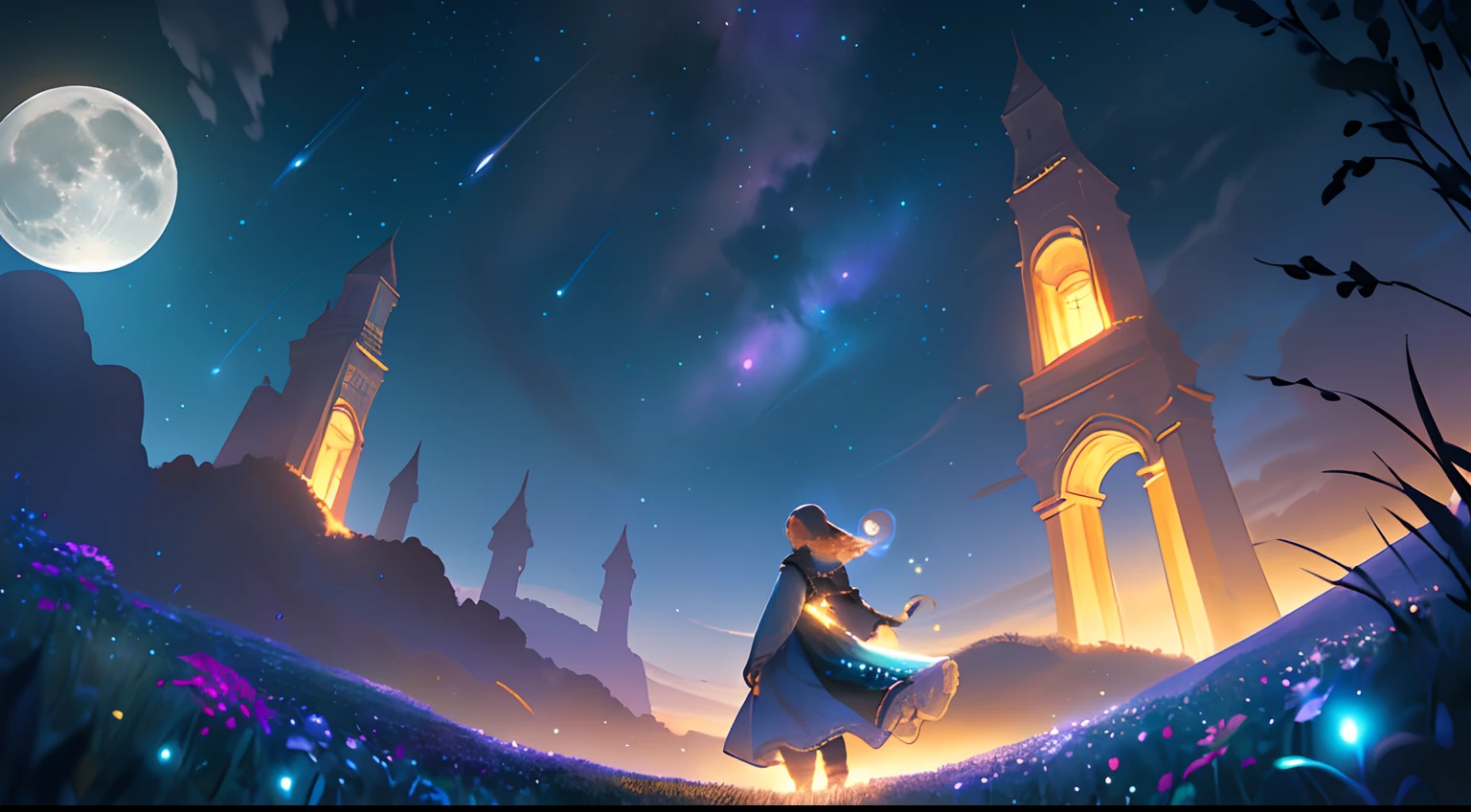 LANDSCAPE PHOTO (SEEN FROM BELOW, SKY ABOVE, FIELD BELOW), GIRL STANDING IN FLOWER GARDEN LOOKS UP (FULL MOON: 1.2), (METEOR: 0.9), (NEBULA: 1.3), DISTANT MOUNTAINS, TREES BREAK CRAFTING ART, (WARM LIGHT: 1.2), (FIREFLY: 1.2), LIGHTS, LOTS OF PURPLE AND ORANGE, INTRICATE DETAILS, VOLUMETRIC LIGHTING BREAK (MASTERPIECE: 1.2), ( Best Quality), 4K, Ultra Detailed, (Dynamic Composition: 1.4), Rich in Detail and Color, (Iridescent: 1.2), (Glow, Atmospheric Lighting), Dreamy, Magical, (Solo: 1.2)