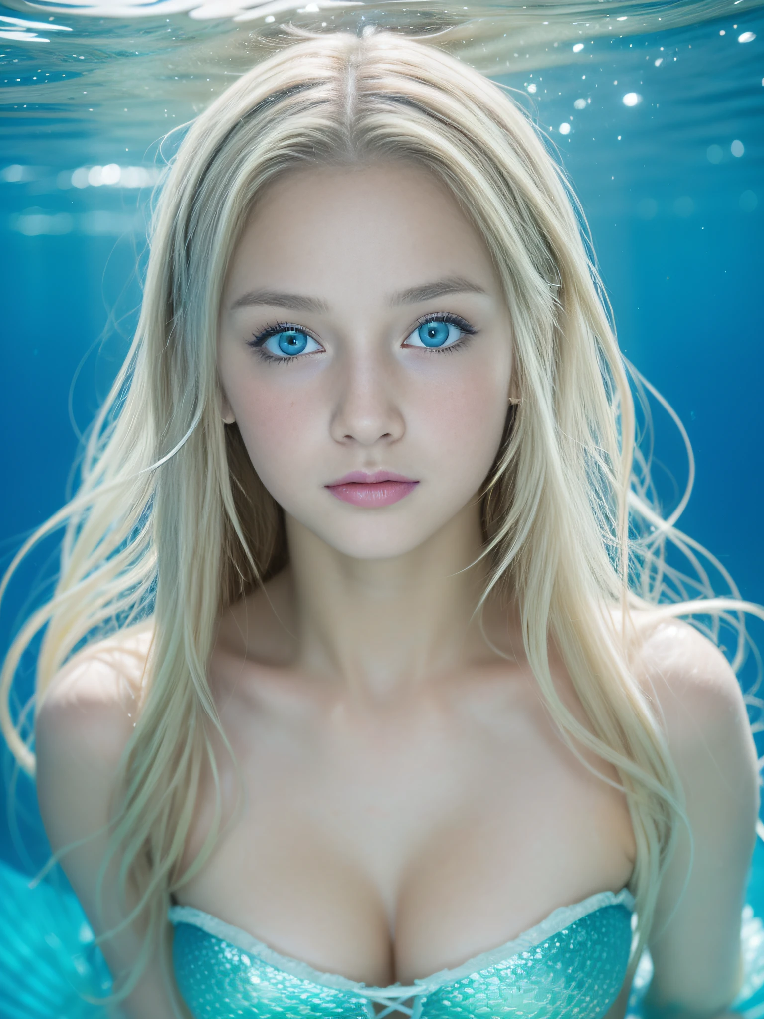 8K、Girl dressed as a mermaid Underwater - Sea、mermaid、-yeld beiful girl、Slightly baby-faceatunade hair、Light blue eyes