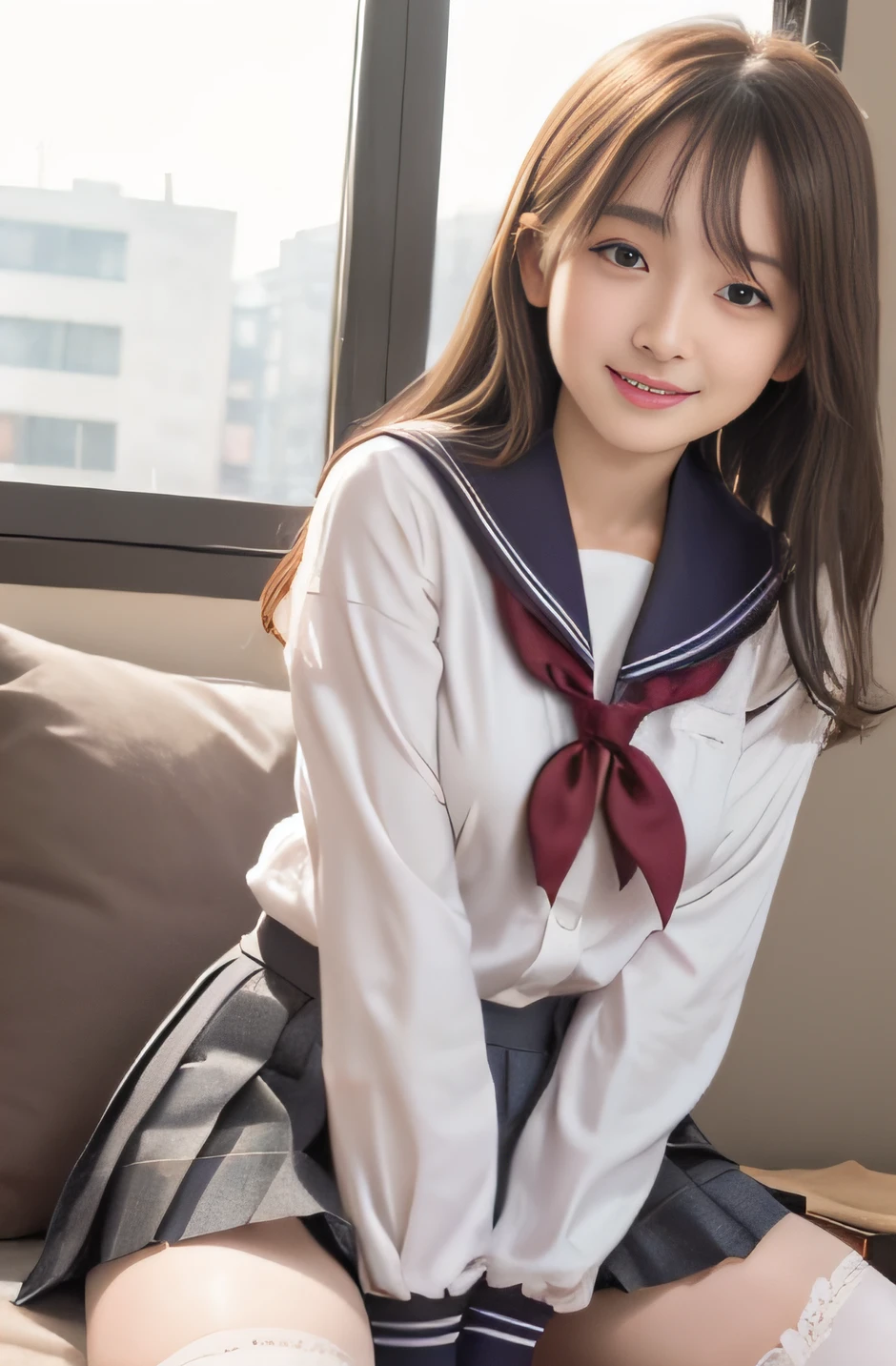 1girl, , japanese gravure model, cute beautiful girl, large breasts, clean face skin, natural smile,fascinating smile, (dropping eyes:1.6), finely detailed face, looking at viewer,
BREAK
sexy feeling, erotic feeling,
(hot-pillow hotel's room:1.2), (Immediately after sexual intercourse:1.1), (japanese high school uniform with sailor collar:1.2), sailor uniform, red scarf, (pleated check skirt:1.5), sit on the bed, spread legs slightly, show panties, (white panties:1.4), very small lace panties, thin matte fabric cotton panties, panties under the skirt, (a glance of panties:1.6),
(dynamic angle, dynamic pose:1.3), (from slightly below:1.5),
BREAK
masterpiece, best quality, highres, detailed skin, detailed, detailed face and eyes, hi-res, natural lighting, perfect anatomy, physically-based rendering, photorealistic,school_uniform,solo,panties,