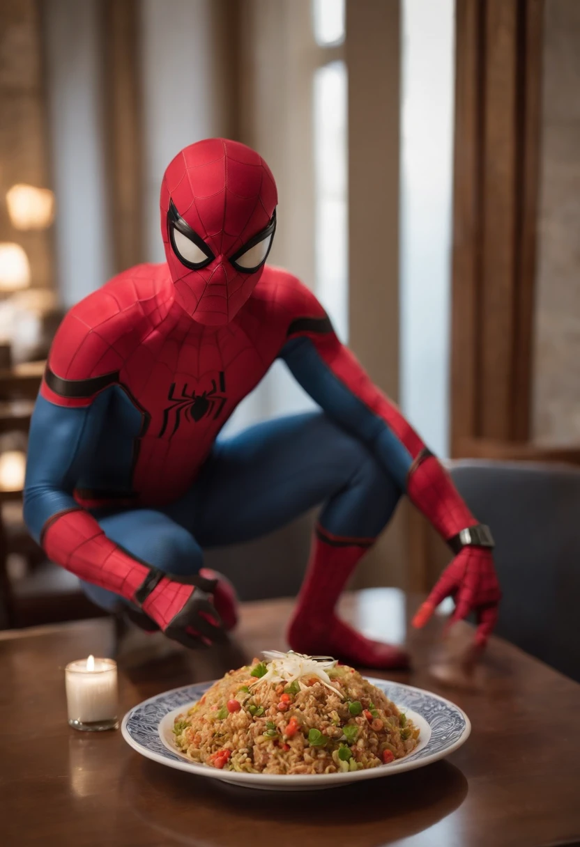 Cinematographer, ultra realista, Ropa detallada, Bellamente detallado, UHD, HDR, Altas Resoluciones, ultra detallado, Detalles intrincados, Efectos texturales, absurdos, obra maestra, 8k:1.2. En esta imagen, vemos a Spider-Man en un inusual descanso de sus actividades heroicas. He's standing in a apartment in his iconic costume...................
Spider-Man holds a bowl of Chinese fried rice mixed with oriental stir-fried noodles in his hands skillfully.., usando unos elegantes palillos chinos para llevar un bocado a su boca. The plate is full of fried rice, salteado. The restaurant is decorated with traditional Chinese elements, como linternas rojas colgando del techo y dragones dorados esculpidos en las paredes. The dim light of the lanterns creates a warm and welcoming atmosphere in the place.