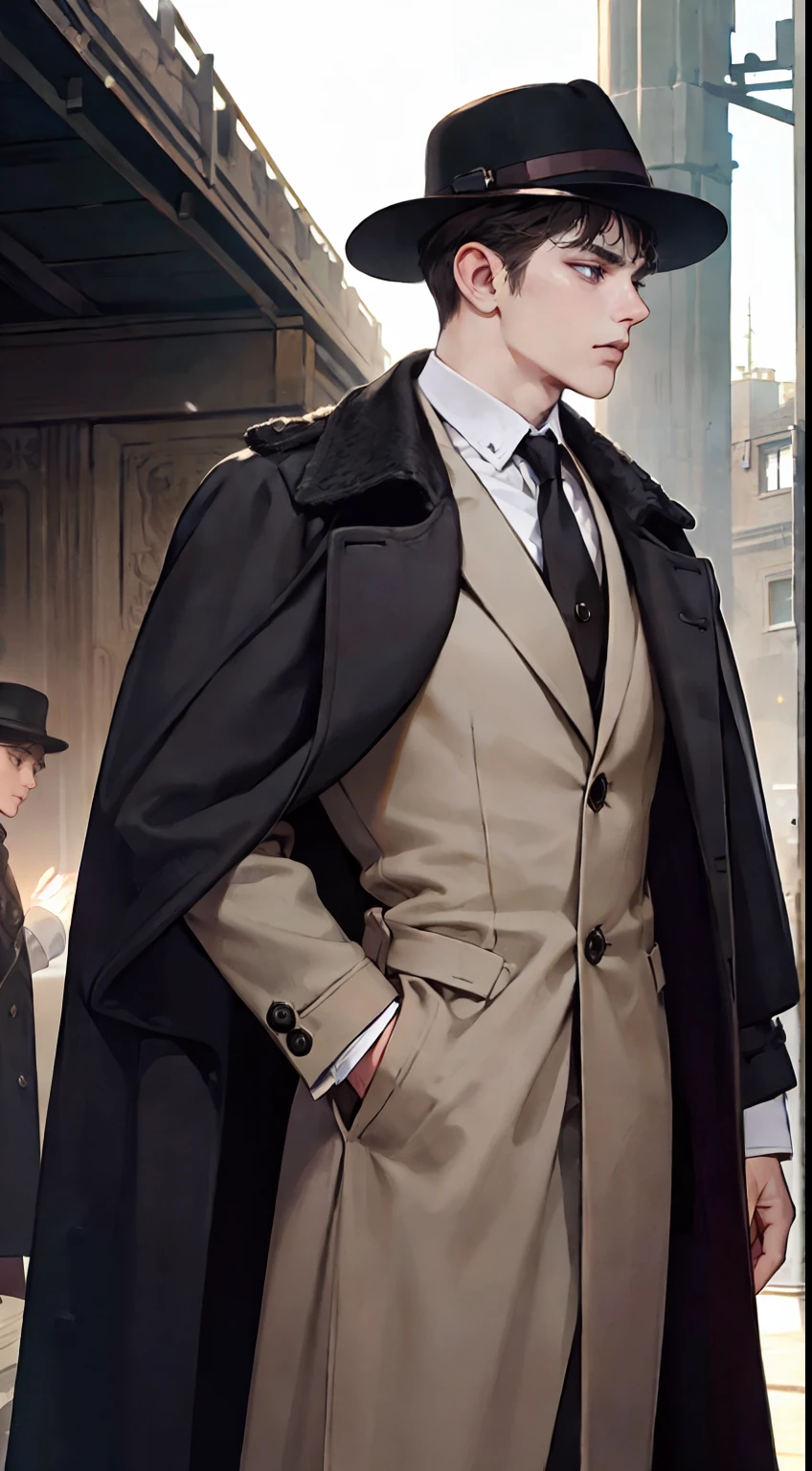 masterpiece, best quality, realistic, 1man, mature male, quiet and charming young man, 25 years old, close his eyes, serious look, extremely detailed face, ((dark grey eyes)), ((short-right-swept dark brown hair)), [thick eyebrows], detective, ((Dressed in a classic overcoat and fedora hat)), cinematic lighting, looking at the audience, posture dynamics, Victorian era