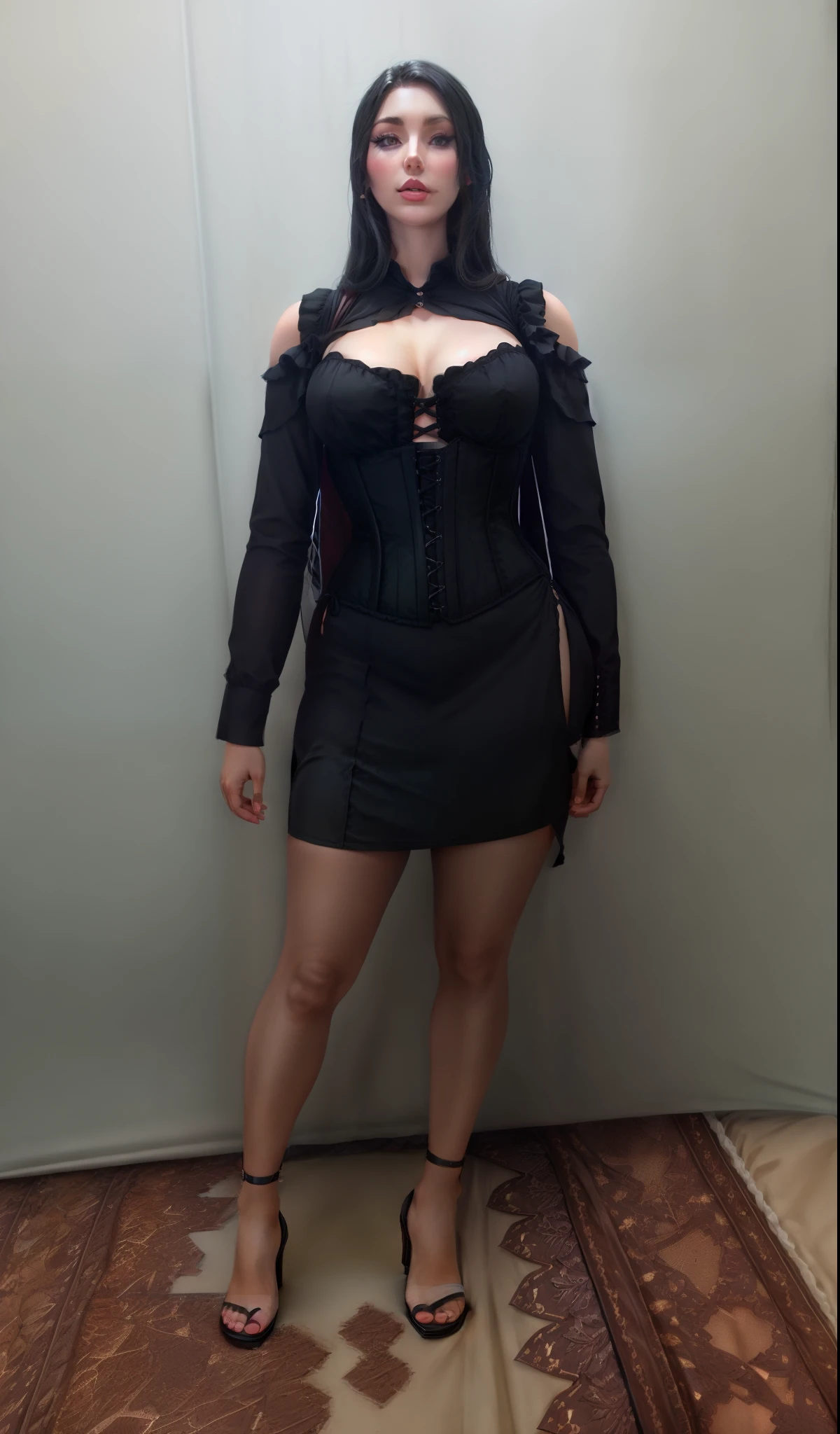 frontal view, open v chest clothes, She is dressed in a black dress, opened dress, full length image, full body wide shot, outfit photo, Full - Hull - Front - Shot, black outfit, full-body-shot, corset,