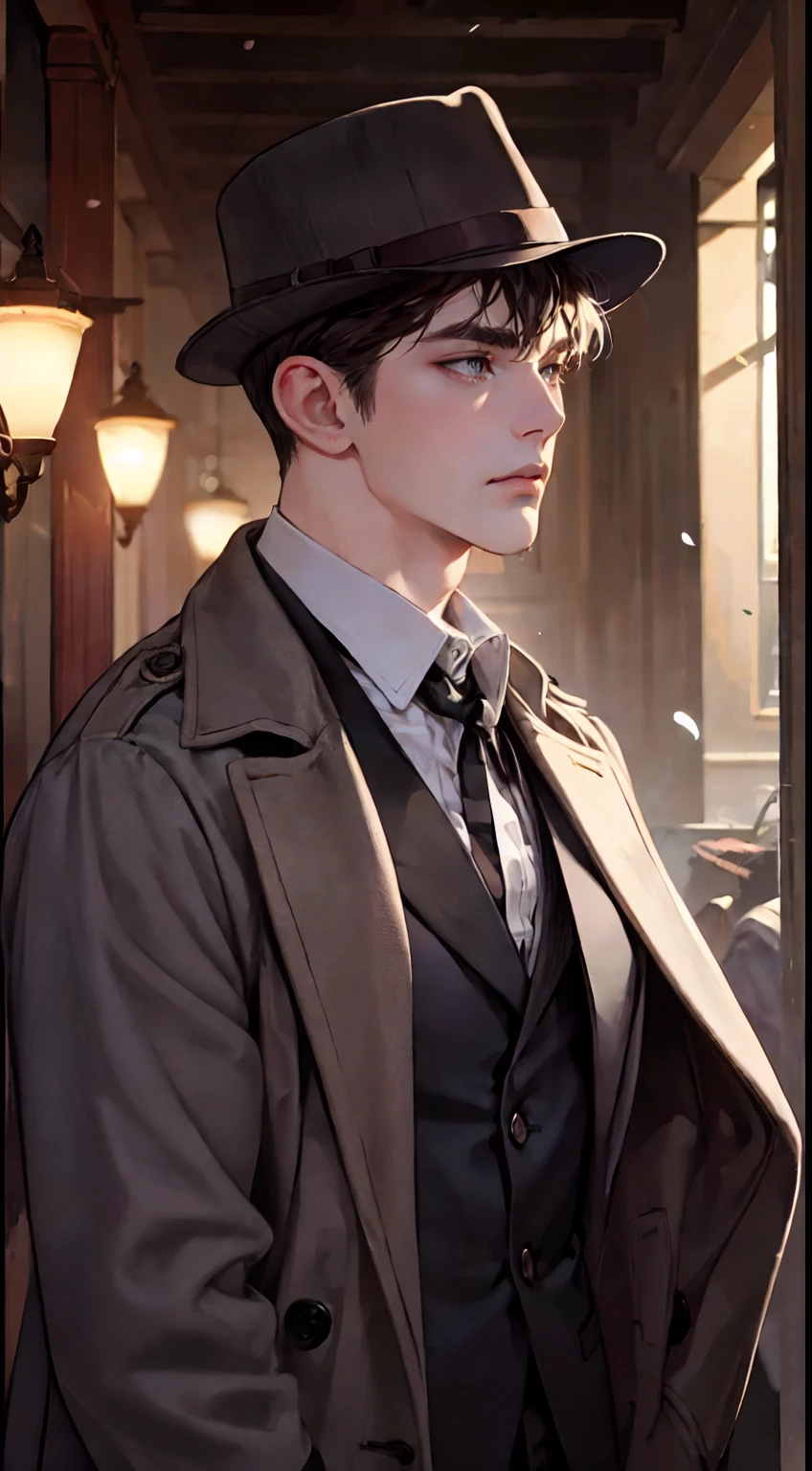 masterpiece, best quality, realistic, 1man, mature male, quiet and charming young man, 25 years old, close his eyes, serious look, extremely detailed face, ((dark grey eyes)), ((short-right-swept dark brown hair)), [thick eyebrows], detective, ((Dressed in a classic overcoat and fedora hat)), cinematic lighting, looking at the audience, posture dynamics, Victorian era