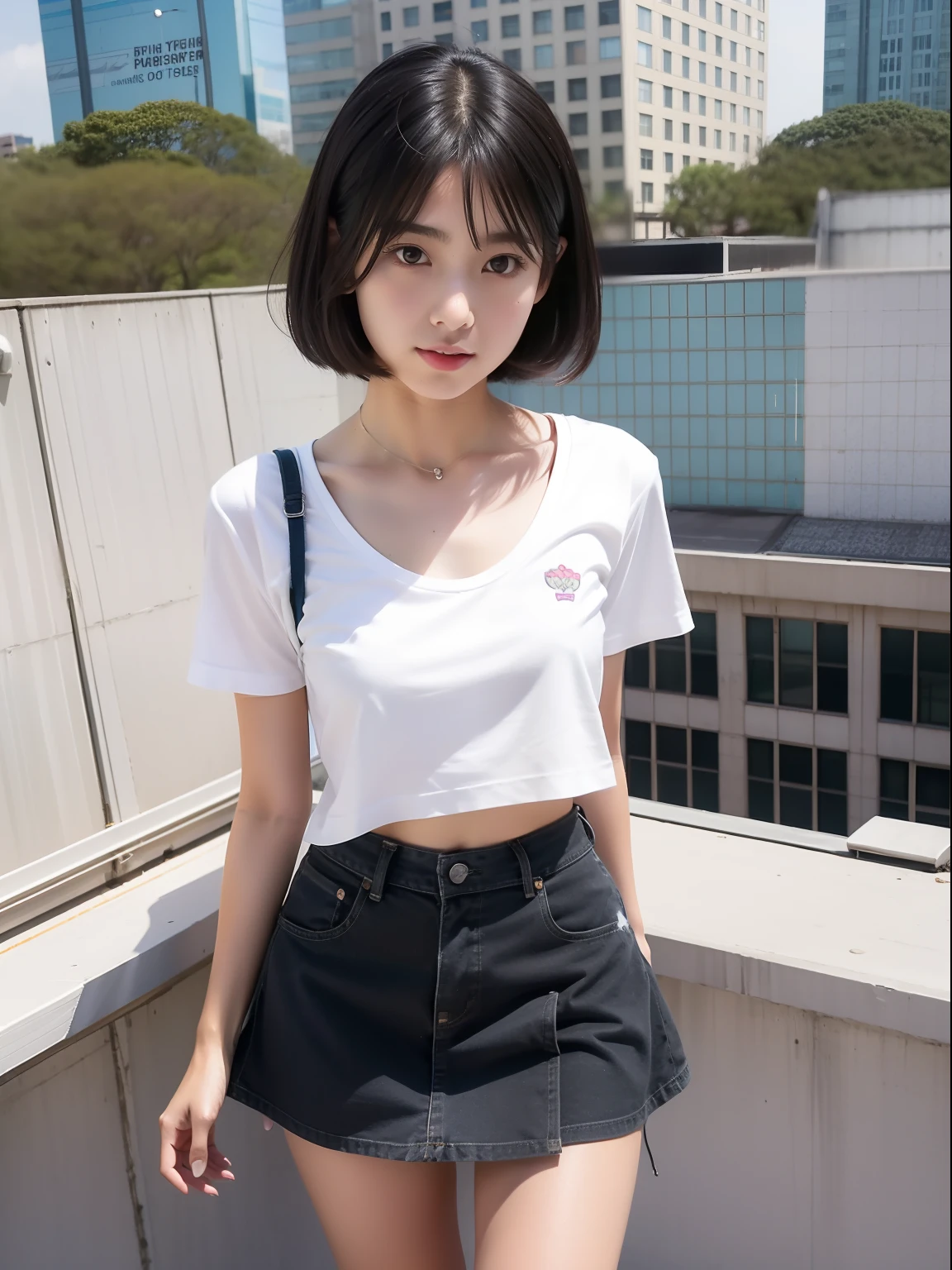 wariza，Knees，年轻，(a miniskirt)，tshirts，teens girl，Delicate body，petite body，Delicate body，small tits，tiny chest，Short，A dark-haired，Twin-tailed，On the roof of a building