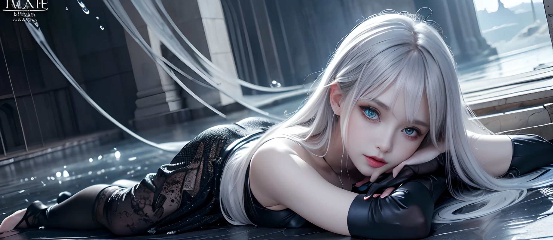 HDR10, Absurdness, fractal art, hdr, (soft light, sharp:1.2), beautiful girl, ultra detailed blue eyes, entirely paint, splat, splash, long hair, ultra detailed texture, Water drops, outdoors, black colors, Game of Thrones, black, (masterpiece, top quality, official art, beautiful and aesthetic:1.2), (1girl:1.2), cute, extreme detailed, (abstract:1.4, fractal art:1.3), (silver_hair:1.1), black Dress, fate, highest detailed, (splash_art:1.2), best photo shot, realistic, (hyperdetailed:1.15), from below, Conceptual art, glowing light, UHD, (Masterpiece:1.5), (best quality:1.5), textured skin, anatomically correct, 8k,beach, attractive pose,