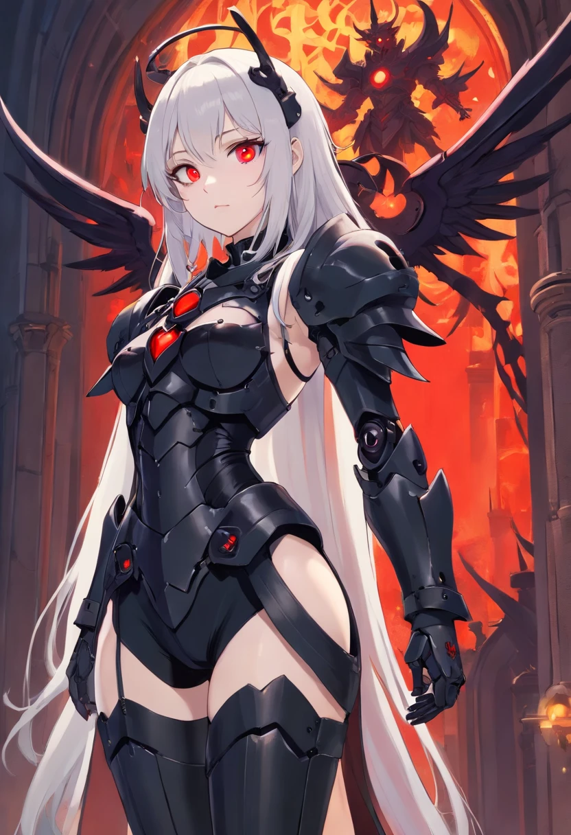 queen power armor , (gothic style), full body view , bellybutton, The most beautiful and sexy demon goddess, long white hair, glowing red eyes, wearing detailed black gothic battle armor, black angel wings, tattoos and piercings, gothic castle, perfect masterpiece, high quality, high resolution