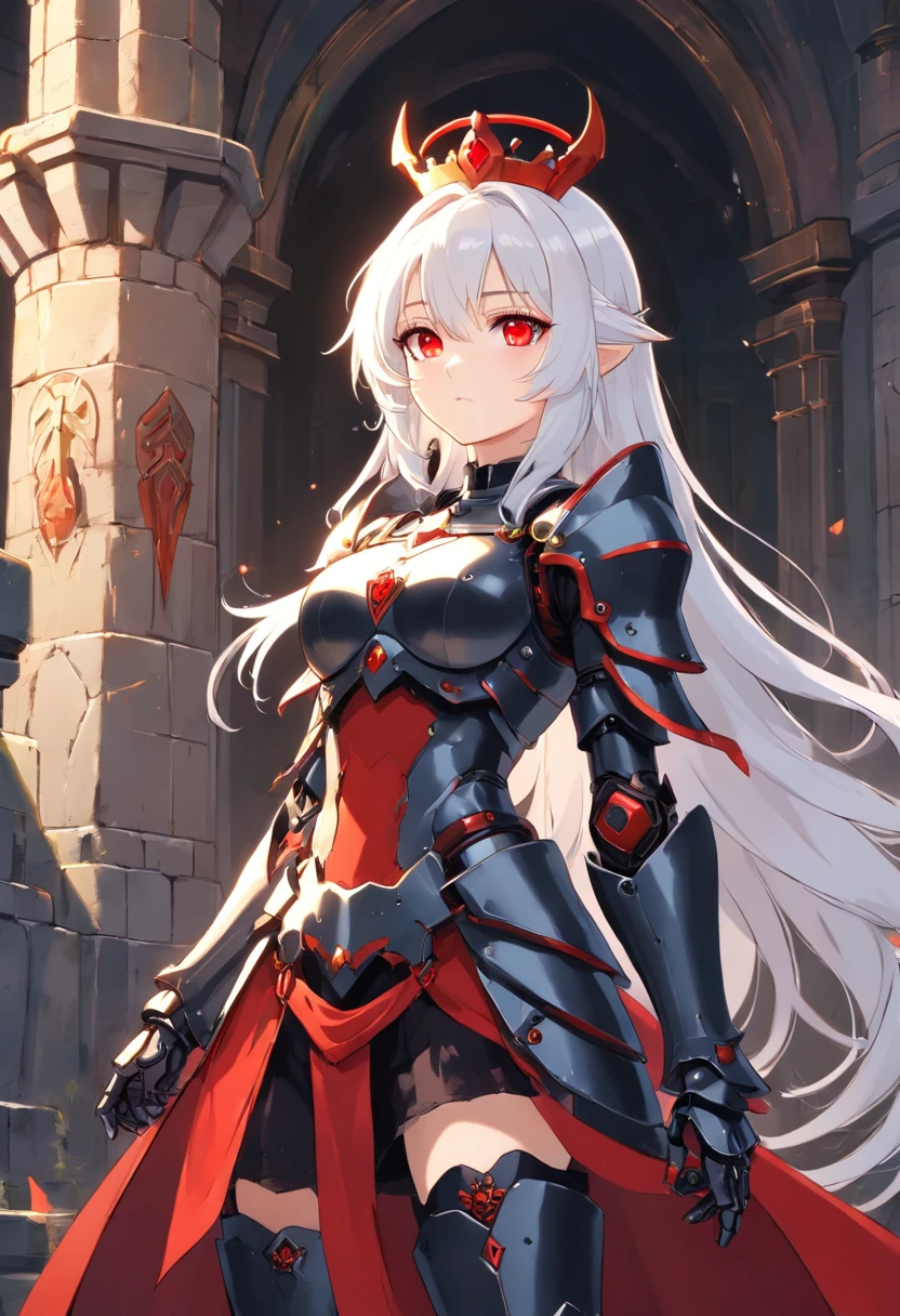 queen power armor , (gothic style), full body view , bellybutton, The most beautiful and sexy demon goddess, long white hair, glowing red eyes, wearing detailed black gothic battle armor, black angel wings, tattoos and piercings, gothic castle, perfect masterpiece, high quality, high resolution