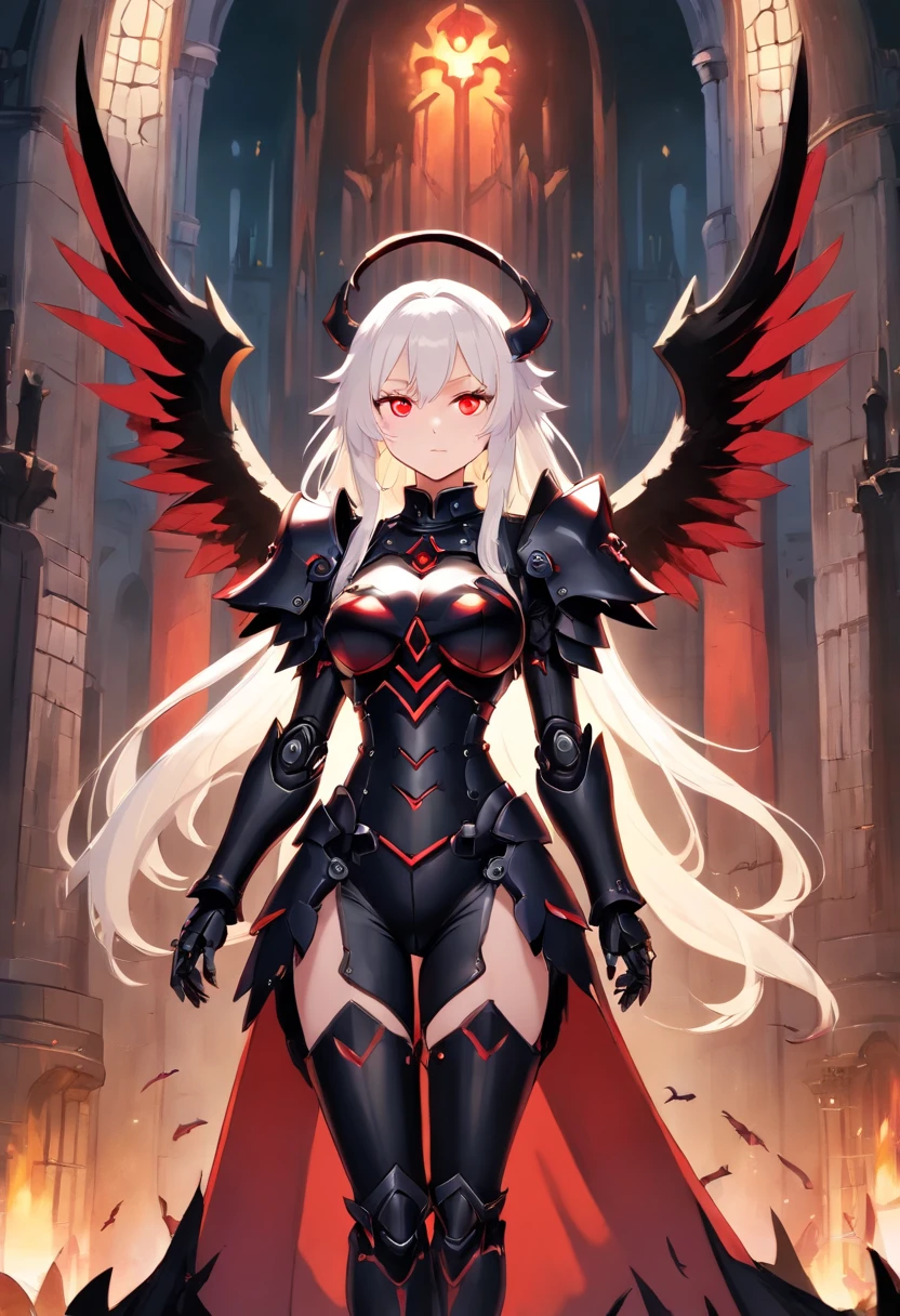 queen power armor little girl , (gothic style), full body view , bellybutton, The most beautiful and sexy demon goddess, long white hair, glowing red eyes, wearing detailed black gothic battle armor, black angel wings, tattoos and piercings, gothic castle, perfect masterpiece, high quality, high resolution