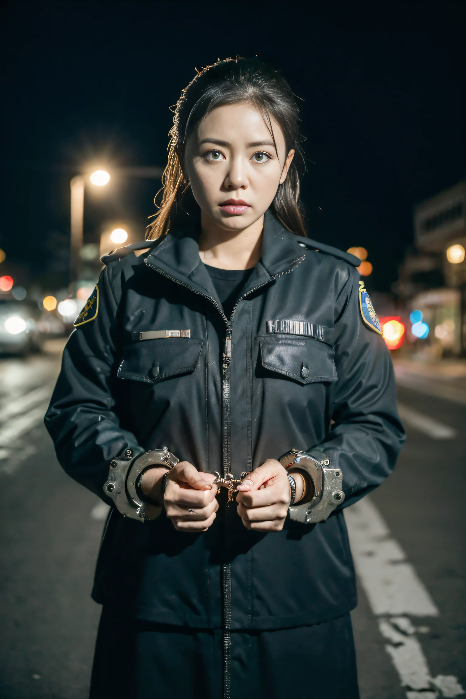 solo, (full body: 2), (masterpiece:1.3), (8k, photorealistic, RAW photo, best quality: 1.4), scene of policeman being kidnapped, Female Vietnamese Police Officer, police uniform, apocalyptic streets, night, nervous expression, handcuffs, depth of field