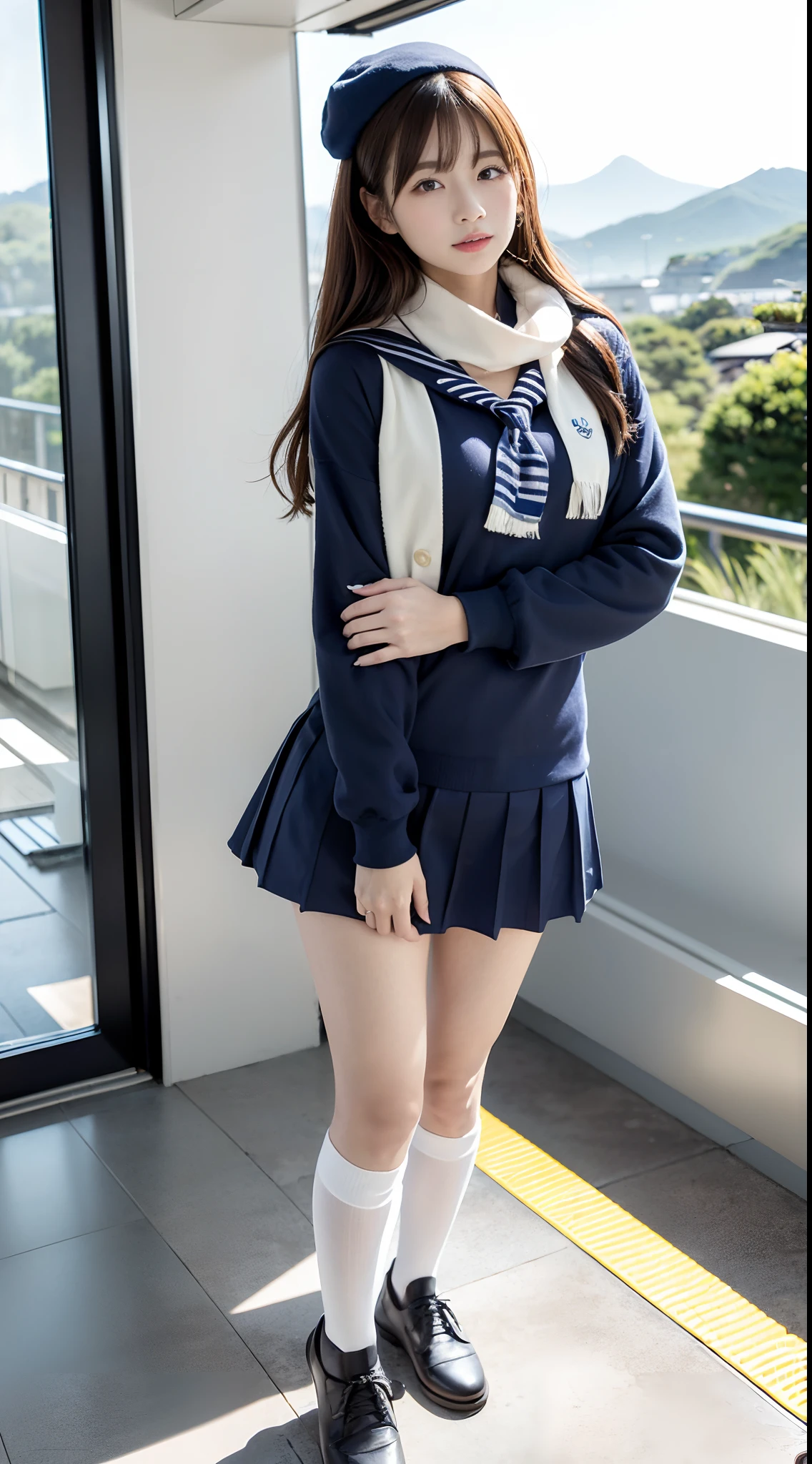 mix4, (16 K, Raw photography, Top image quality, masterpiece: 1.45), (realisitic, Photorealsitic: 1.37), one girls, 7.5, etc、Random hairstyle、Standing figure,Daytime、a very cute,countryside view,, profetional lighting, photon maping、physically-based renderingt, Gradient dark brown hair,Crisp backgrounds and high resolution, a handsome, Well-groomed and beautiful eyes、Large double eyelids、Very shiny、girl with, (((student clothes、Winter clothes、Sailor suit worn by Japan girl、Navy blue sailor color、scarf、a miniskirt, Small beret、high socks、lowfers))), Top Quality Photos, hight resolution, 1080p, (clearface), (Detailed face description), (Detailed hand description), (masterpiece), (Exquisite CG)、extreme light and shadows、dishevled hair、master work、abundant detail、(Fine facial features)、(top quality photo)、(masuter piece)、(A detailed eye)、Look in front of you、Fine clavicle、((Slender big))、(((Japan schooln sailor suit)))、((Idle system))、((country、train track、railroad crossing、Mountains in the distance々))、(((neat and cute)))、耳Nipple Ring、A big smile、Drawing the whole body from the knees、Do not draw nasolabial folds、(((Long sleeve sailor suit)))、(Big breasts that hang down big:1.2)、Big buttocks with tension、Two arms and two legs、(((from the front side:0.3)))、bare hand、No mask、No skin exposure