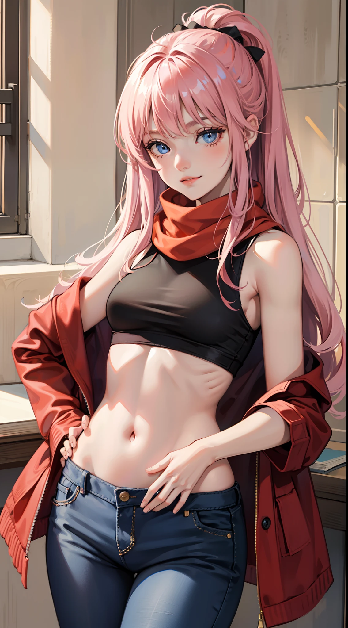 young girl, long pink hair, Iroquois hairstyle, blue eyes, smirk, Black tight top, red tight pants, open belly, Sleeveless, a scarf, Masterpiece, hiquality, 4k, HD, Good detail