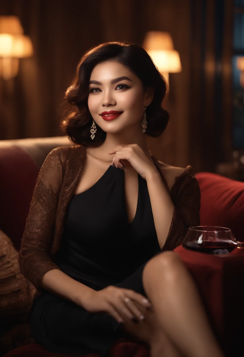 (Kazuko Morena), sitting on a couch, holding a glass of red wine, smile on her face, low lighting, jazz atmosphere, 8K, realistic, detailed eyes and face, beautiful detailed lips, elegant black dress, sophisticated hairstyle, cozy living room, warm tones, bokeh, vivid colors, fine details, professional portrait, lounge music