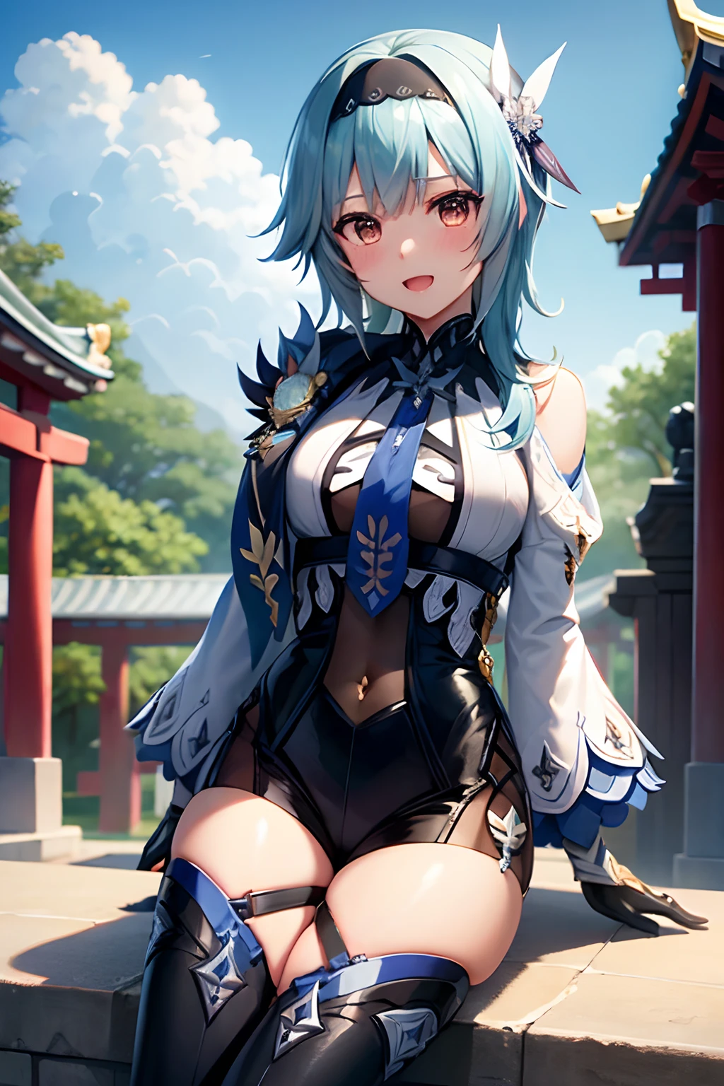euladef, Smile with open mouth, red blush, plein air, tag, simple background, blue open sky, shorth hair, Skysky, temple, looking at the viewers,
