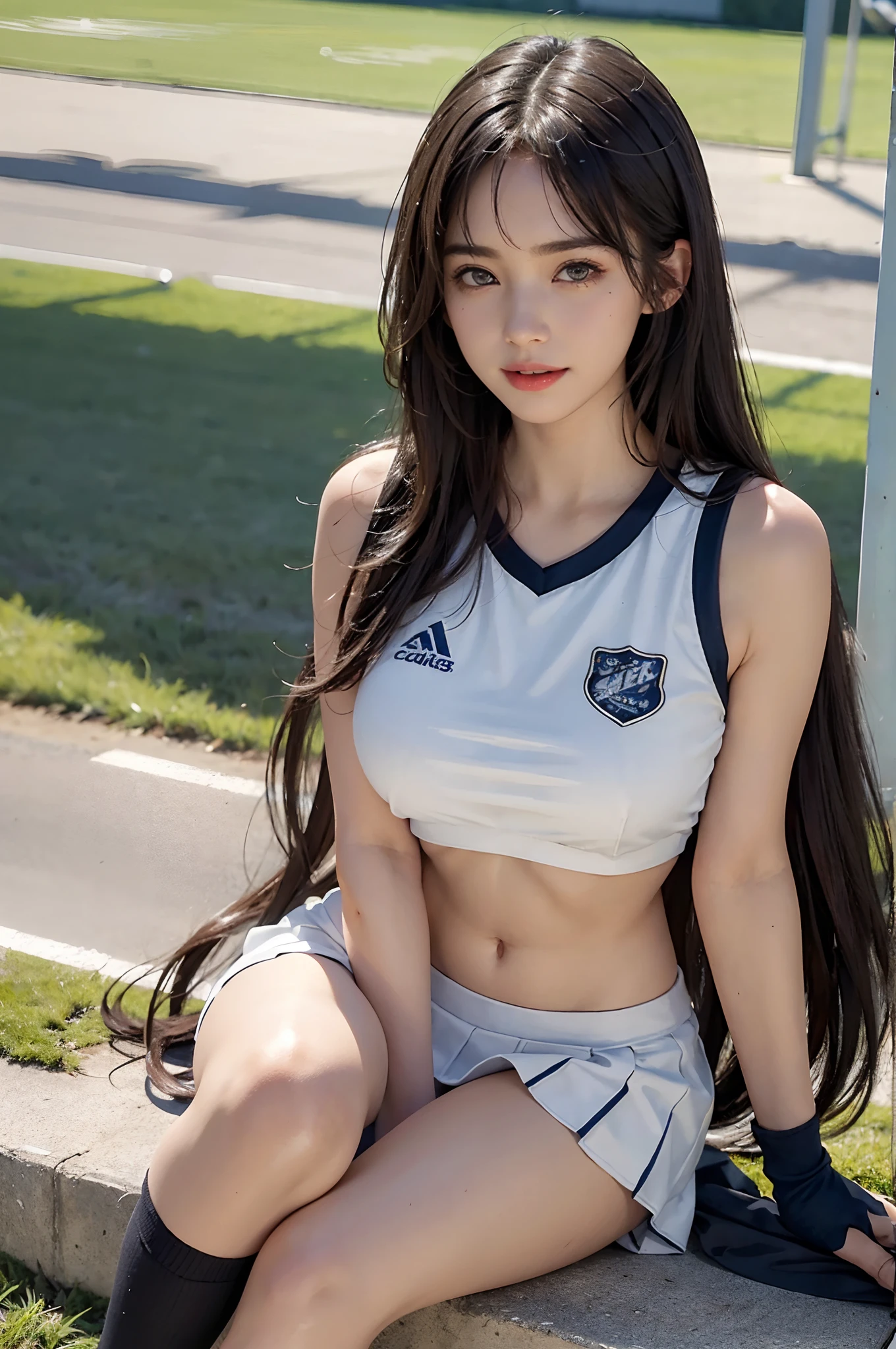 (A hyper-realistic), (illustratio), (hight resolution), (8K), (ighly detailed), (The best illustrations), (beatiful detailed eyes), (top-quality), (ultra-detailliert), (masterpiece), (detailed face), droopy eyes,full of sweat, full body, long legs, long-hair,inner colored,solo, white cheerleader uniform, huge tits, smile, football field, short skirt, sports bra, sneaker