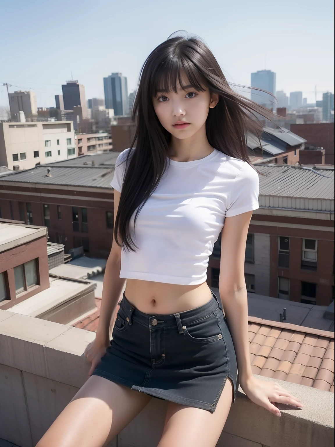 wariza,Knees,年轻,(a miniskirt),tshirts,s girl,Delicate body,petite body,Delicate body,small tits,tiny chest,Short,A dark-haired,Very Longhair,On the roof of a building