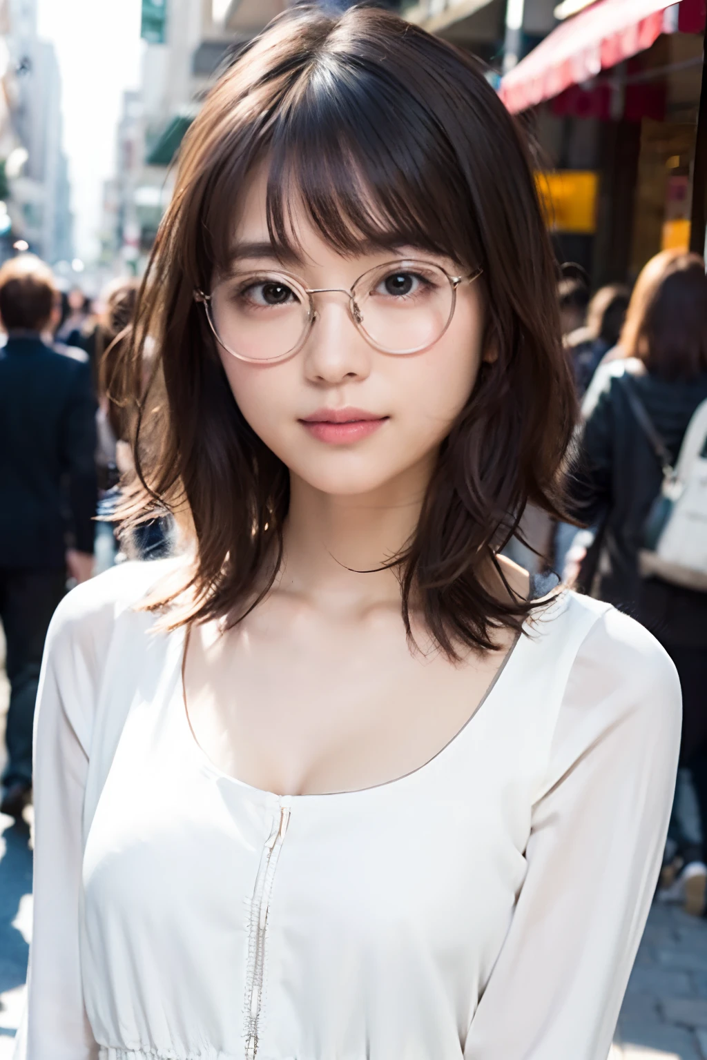 (8K、Raw photography、top-quality、​masterpiece:1.2)、(realisitic、Photorealsitic:1.37)、ultra-detailliert、超A high resolution、 1 人、29yo、see the beholder、beautifull detailed face、Smile、Constriction、(Slim waist) :1.3)、Beautiful detailed skin、Skin Texture、well-shaped breasts、Floating hair、Hair bunched into one、(white  clothes:1.4)、Professional Lighting、Autumn afternoon、In the street、(((eye glass )))、Whole human body、Brown hair、((Shameful appearance))、
