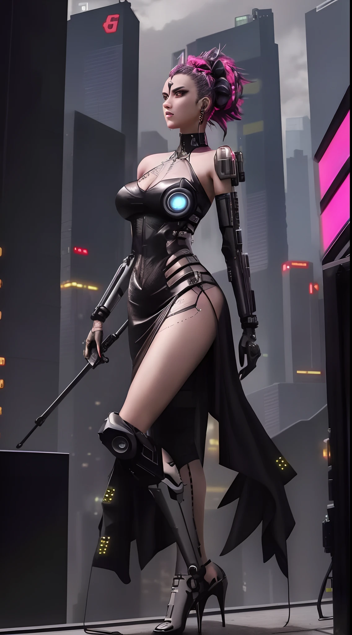 A woman in a black dress and a gun stands in front of the city, cyberpunk anime girl mech, dominatrix assassin robot, cyberpunk angry gorgeous goddess, female cyberpunk anime girl, seductive cyberpunk dark fantasy, cyberpunk anime girl, cyberpunk femme fatale, Cyberpunk 2 0 y. o model girl, Cyberpunk statue, cyberpunk cyborg, Cyberpunk woman, cyborg fashion model