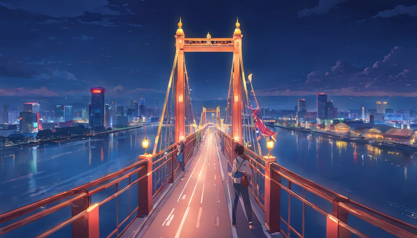 ampera bridge, night view, transportation, river, city, eagle view, high res, ultrasharp, 8K, masterpiece
