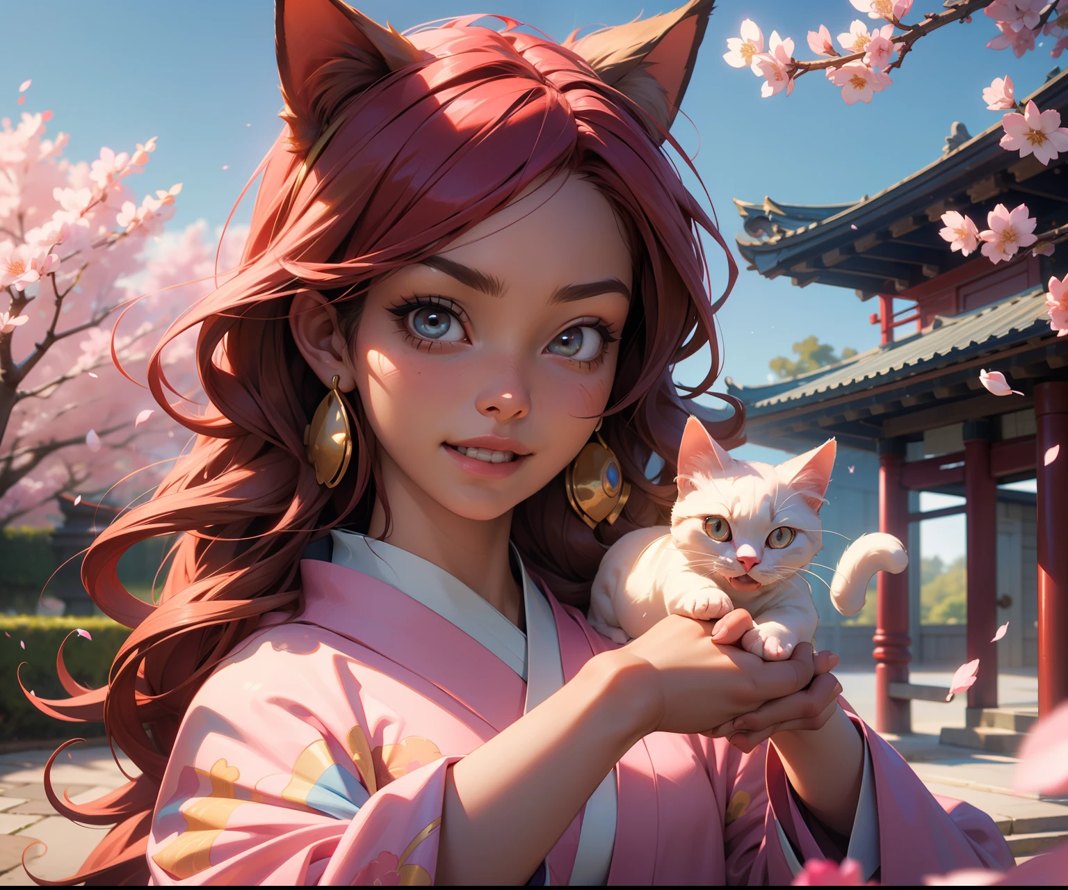 (absurdres, highres, ultra detailed), In the scene you see 2 people, a girl and a boy with the following description, two people on the scene 1 male, adult, handsome, tall, Brown hair, finely detailed opal Honey eyes and detailed face, prince uniform, smile, outdoors, palace rose garden, sunlight, 8k resolution, 1 girl, masterpiece, (photorealistic:1.5), best quality, beautiful lighting, real life, nami \(one piece\), 1girl, architecture, cherry blossoms, east asian architecture, falling petals, gold, japanese clothes, kimono, log pose, long pink hair, pink cat ears, looking at viewer, open mouth, pink hair, petals, shoulder tattoo, solo, tattoo, teeth, upper teeth only , intricate, high detail, sharp focus, dramatic, beautiful girl , (RAW photo, 8k uhd, film grain), holding hands, kissing