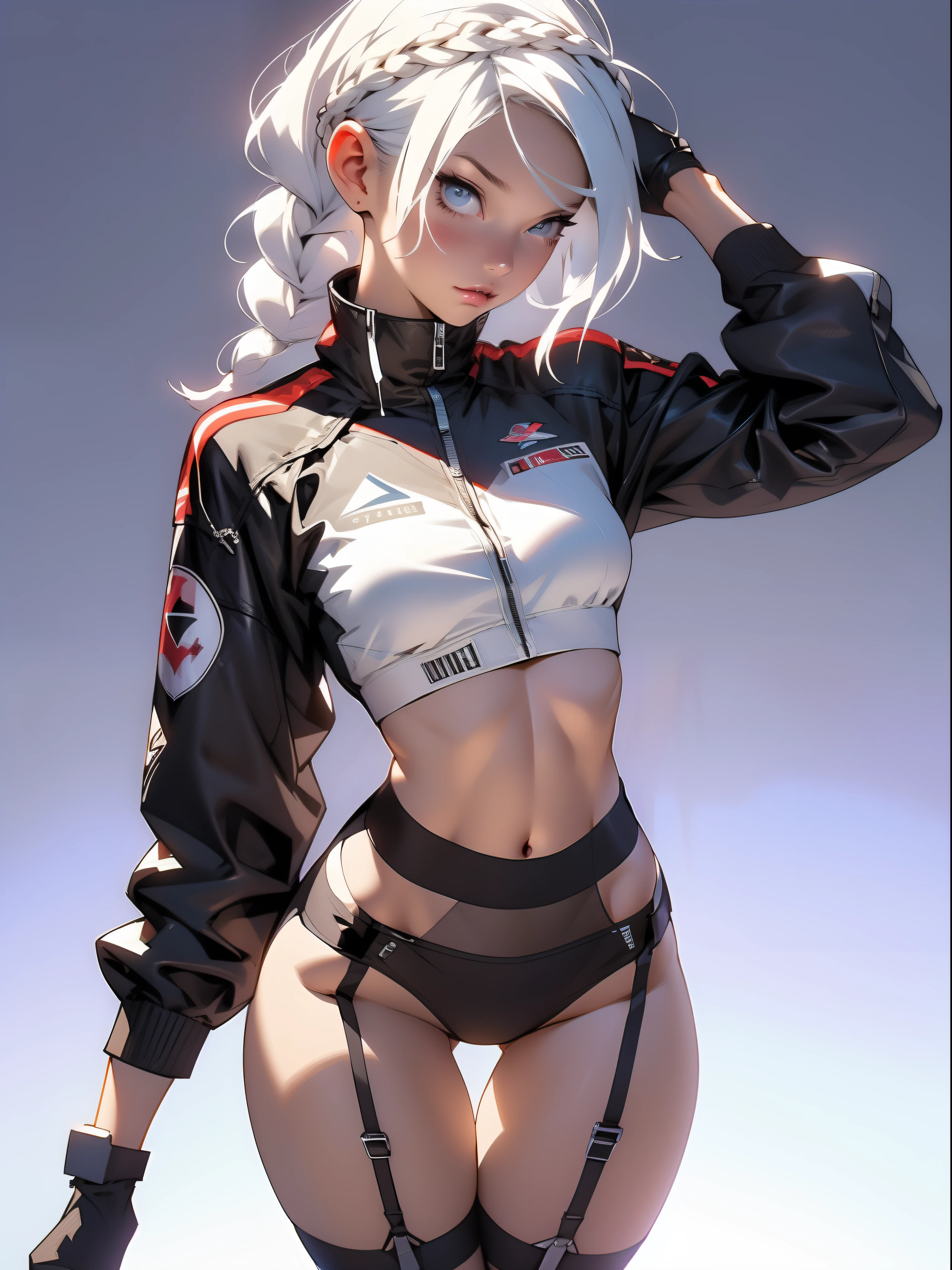 ((Best quality)), ((masterpiece)), (detailed: 1.4), (Absurd), War-ready female fighter pilot with military bikini, Marine, dark skin, defined sculpted body, full body, bare thighs, closed mouth, cyberpunk, semi naked, generous neckline, ((perfect medium breasts)), (super light blue eyes without pupils), (((military camouflage bikini)),  (((white hair with braid)))), long eyelashes heavy makeup, garter belt, by mucha, niji --V5, close to real, psychopathic, perfect face, sexy pose, background with a giant head, 2 piece clothing, pastel, centered, scale to fit the dimensions, HDR (High Dynamic Range),Ray Tracing, NVIDIA RTX,Super-Resolution,Unreal 5,Subsurface Dispersion, PBR Texture, exposed belly, Post-processing, Anisotropic filtering, Depth of field, Maximum clarity and sharpness, Multilayer textures, Albedo and specular maps, Surface shading, Accurate simulation of light-material interaction, Perfect proportions, thigh gap, Octane Render, Two-tone lighting, Wide aperture, Low ISO, White balance, Rule of thirds, 8K RAW, bright crysisnanosuit bikini, thigh gap, nice hips, bikini panties, perfect legs, synthwave bikinis, bare arms