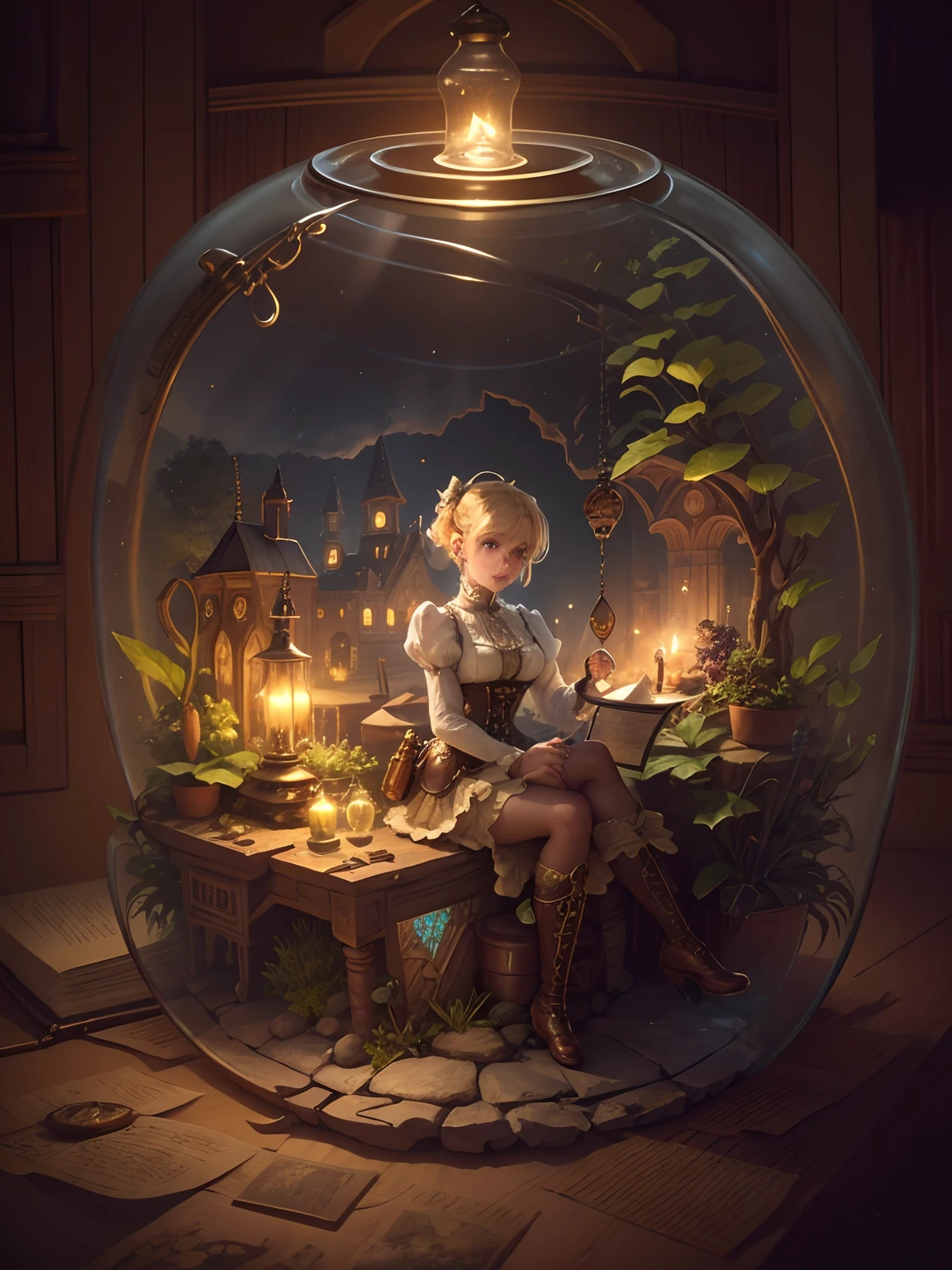 A beautiful blonde pixie woman, wearing steampunk blouse and skirt, 19th century steampunk shoes, steampunk style and atmosphere, in a clear glass jar terrarium, sits with her legs crossed, holding a key in one hand held up to the left, in the other hand the right hand she lays across her lap atop a small woven tapestry, candle light, lamp light, tiny fantasy sand castles in the background, sand, exotic shrubs, small trees, terraria, 19th century steampunk, 64k resolution, photorealistic, hyperdetailed.