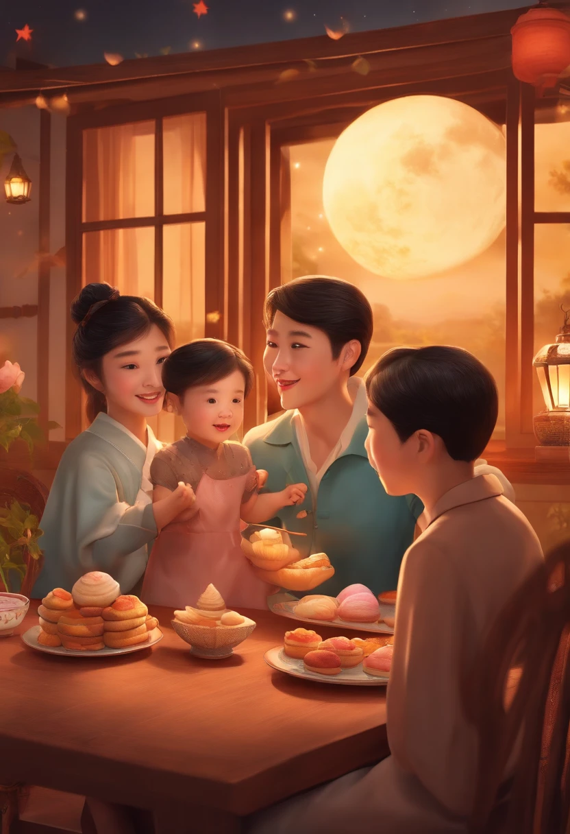 (top-quality、8K、tmasterpiece:1.3)、Full moon and stars in sky illustration，The family sits together eating mooncakes,Mom and dad laugh with the kids，Have in the living room、Bright house scene，extremely detailed face and skin，Heartwarming scene，perfect  detail