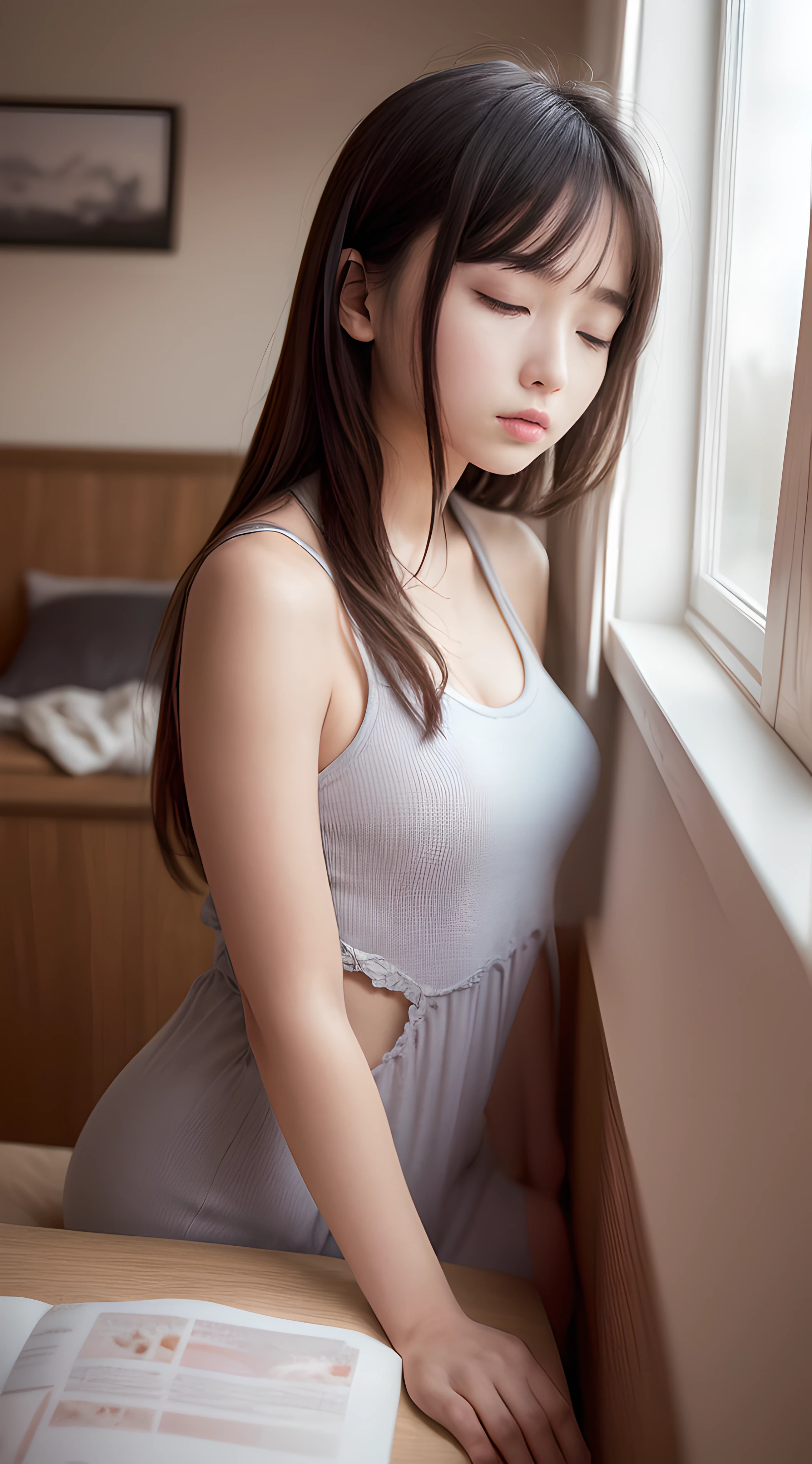 Masterpiece,Best quality,offcial art,Extremely detailed CG unified 8K wallpaper, (hdr:1.4), (A masterpiece of photography),(真实感), (pastel colour, dim colors, soothing tones:1.3), (Natural skin texture, hyper photorealism, Soft light, Sharp),(Extremely detailed), Professional lighting, Radio City,((1girll，20yr old，Fell asleep on the windowsill)),(libraryai),(deep in the night), inside bedroom，Cold light，Sateen, Lots of details, Masterpiece, Ultra-detailed, illustration, Extremely delicate and beautiful girl, 8K_the wallpaper,Beautiful detailed girl