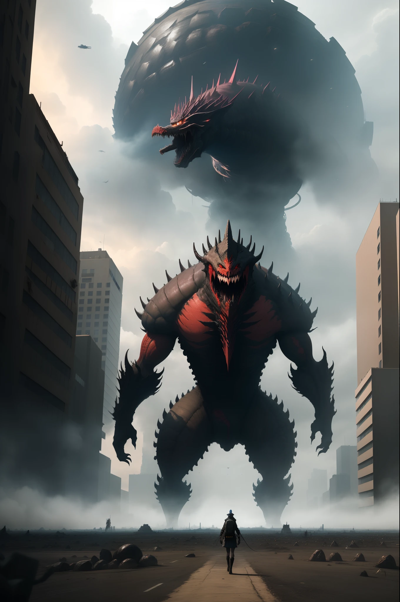 A very, very big creature you've never seen is about to attack the city.、An atmosphere that makes you feel the end of the world、a picture、4k、a person々is in despair