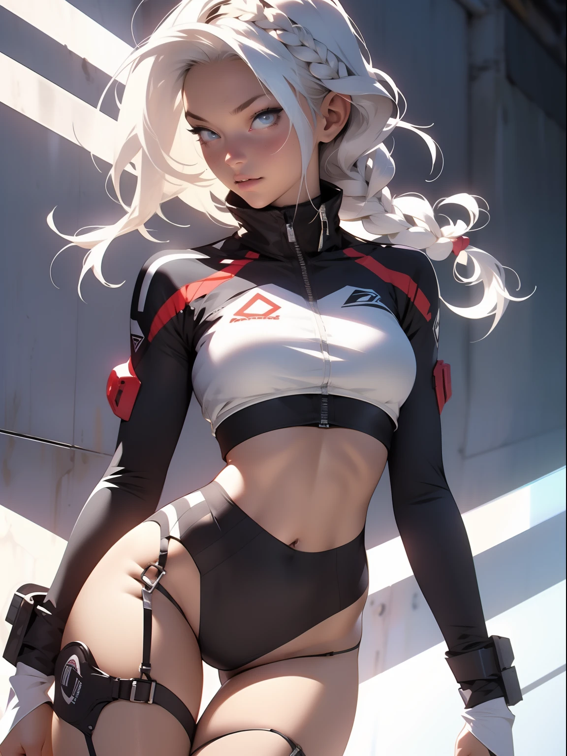 ((Best quality)), ((masterpiece)), (detailed: 1.4), (Absurd), War-ready female fighter pilot with military bikini, Marine, dark skin, defined sculpted body, full body, bare thighs, closed mouth, cyberpunk, semi naked, generous neckline, ((perfect medium breasts)), (super light blue eyes without pupils), (((military camouflage bikini)),  (((white hair with braid)))), long eyelashes heavy makeup, garter belt, by mucha, niji --V5, close to real, psychopathic, perfect face, sexy pose, background with a giant head, 2 piece clothing, pastel, centered, scale to fit the dimensions, HDR (High Dynamic Range),Ray Tracing, NVIDIA RTX,Super-Resolution,Unreal 5,Subsurface Dispersion, PBR Texture, exposed belly, Post-processing, Anisotropic filtering, Depth of field, Maximum clarity and sharpness, Multilayer textures, Albedo and specular maps, Surface shading, Accurate simulation of light-material interaction, Perfect proportions, thigh gap, Octane Render, Two-tone lighting, Wide aperture, Low ISO, White balance, Rule of thirds, 8K RAW, bright crysisnanosuit bikini, thigh gap, nice hips, bikini panties, perfect legs, synthwave bikinis, bare arms