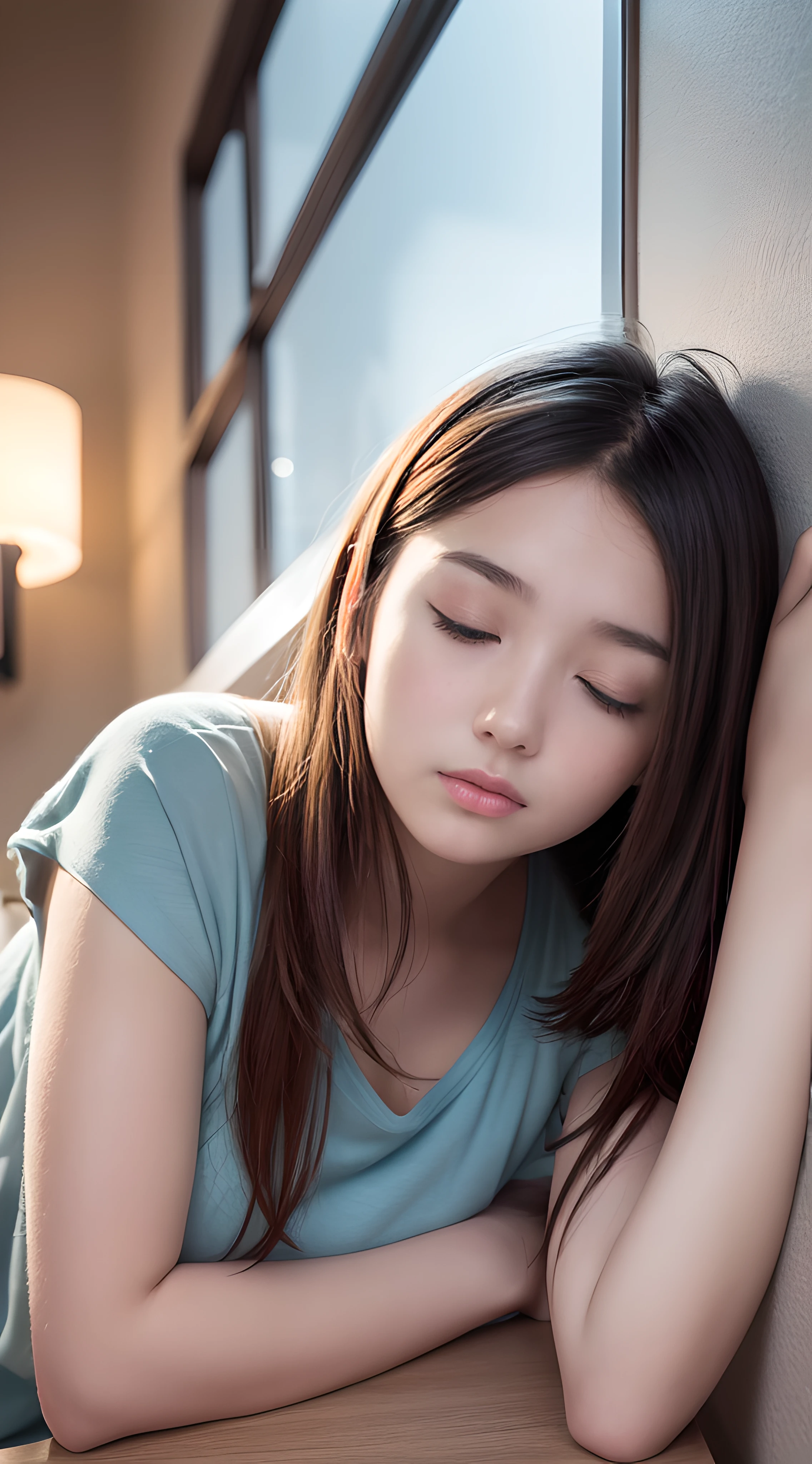 Masterpiece,Best quality,offcial art,Extremely detailed CG unified 8K wallpaper, (hdr:1.4), (A masterpiece of photography),(真实感), (pastel colour, dim colors, soothing tones:1.3), (Natural skin texture, hyper photorealism, Soft light, Sharp),(Extremely detailed), Professional lighting, Radio City,((1girll,20yr old,Fell asleep on the windowsill)),(libraryai),(deep in the night), inside bedroom,Cold light,Sateen, Lots of details, Masterpiece, Ultra-detailed, illustration, Extremely delicate and beautiful girl, 8K_the wallpaper,Beautiful detailed girl