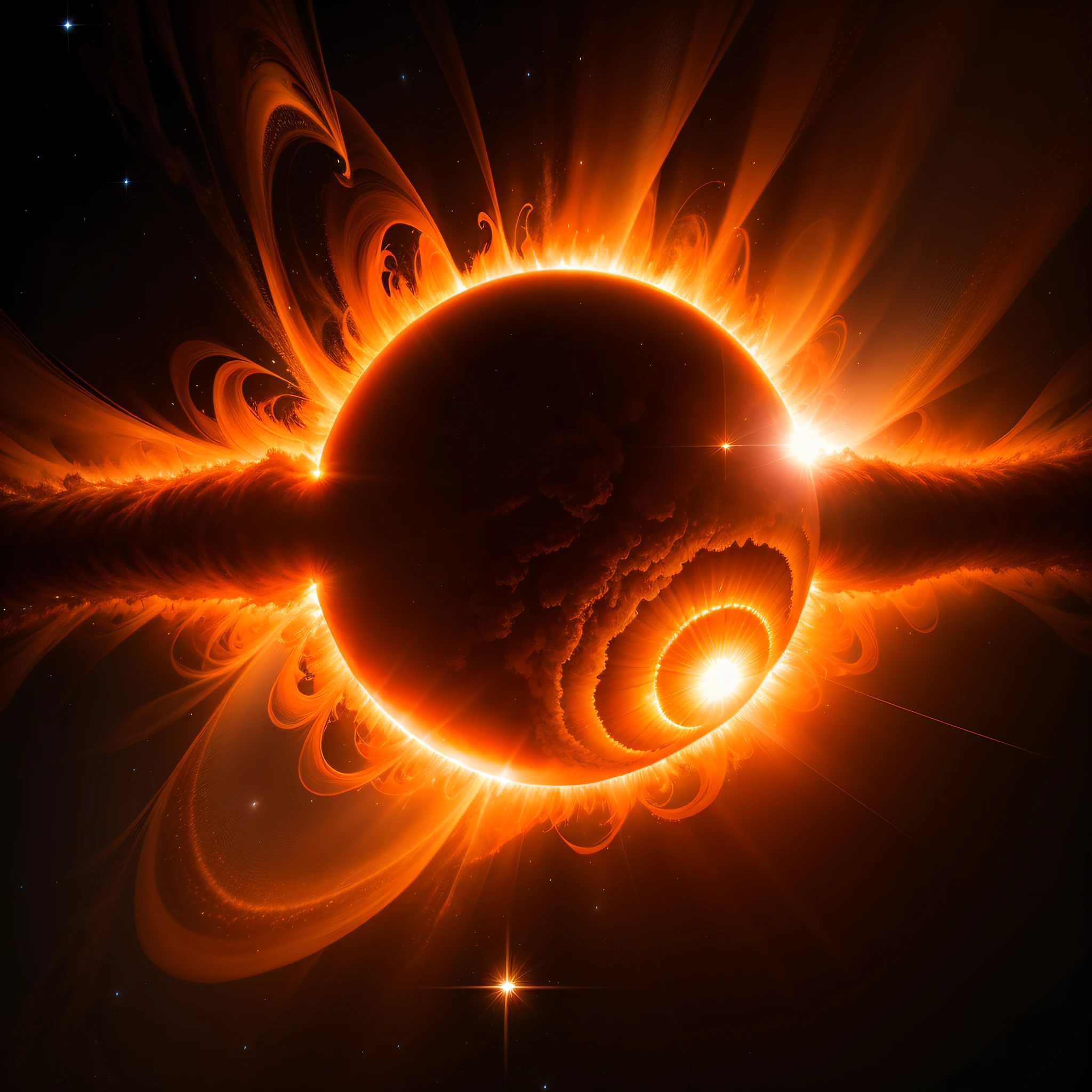 Solar flare explosion, Close to the surface of the huge sun, Particularly clear, Solar corona , Beautiful, spectacular. Spectacular panorama rendered in 3D, realisitic、Photoreal、Solar plasma、Images close to the surface of the Sun