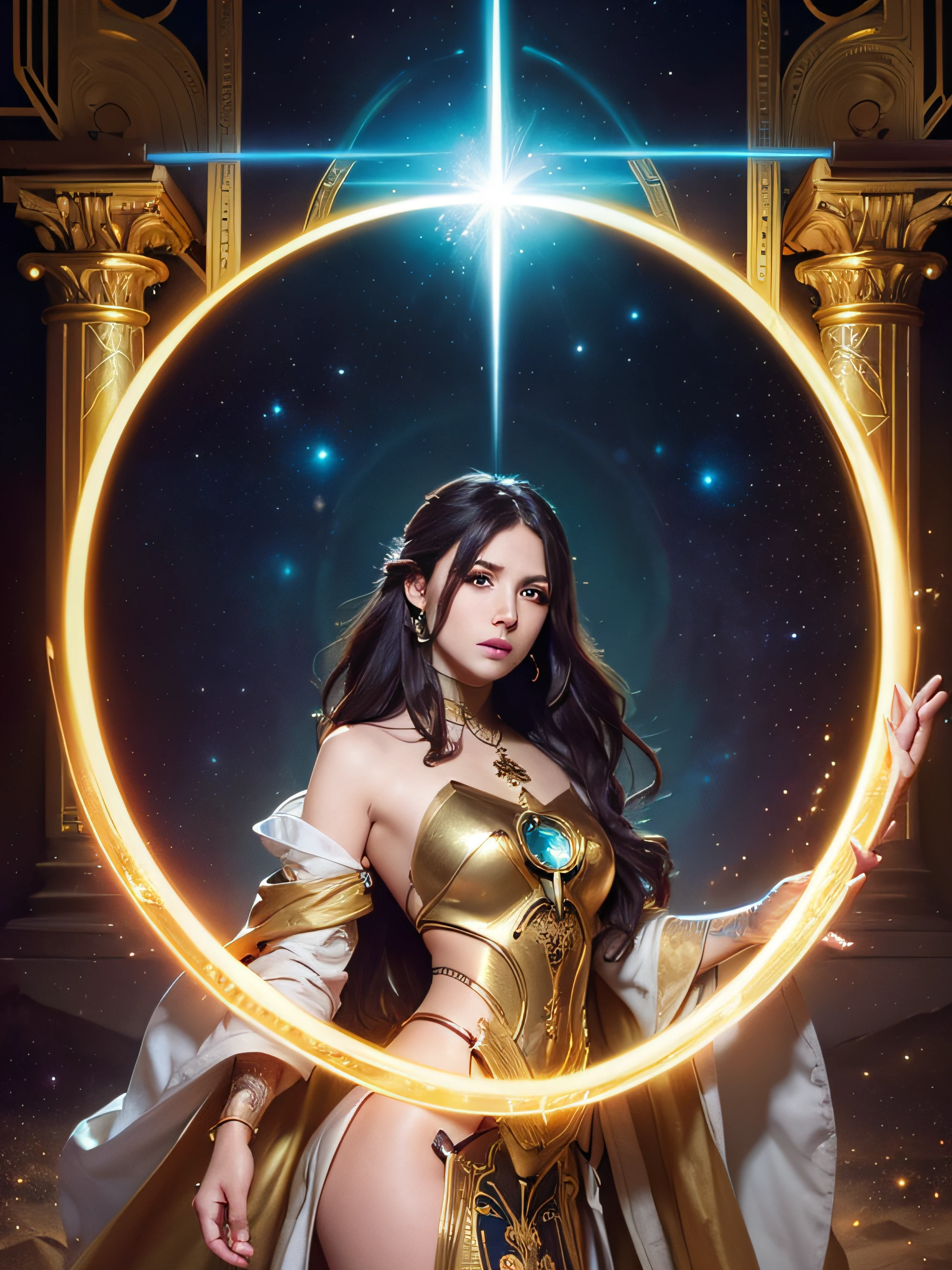 (Female sand goddess decorated like a beautiful , Golden dress, Glow Golden Tattoo), (Galactic Shaman with Quantum Energy Fantasy), Fantasy Magic, Long hairstyle, Dark light night, Convoluted, Ethereal, Sharp Focus, Illustration, Highly detailed, Digital Painting, Concept art, mats, (art by wlop), (Justin Gerard and Jason Edmiston: 1.5), (By Greg Rutkowski: 0.4), (By Alphonse Mucha: 0.4), masutepiece