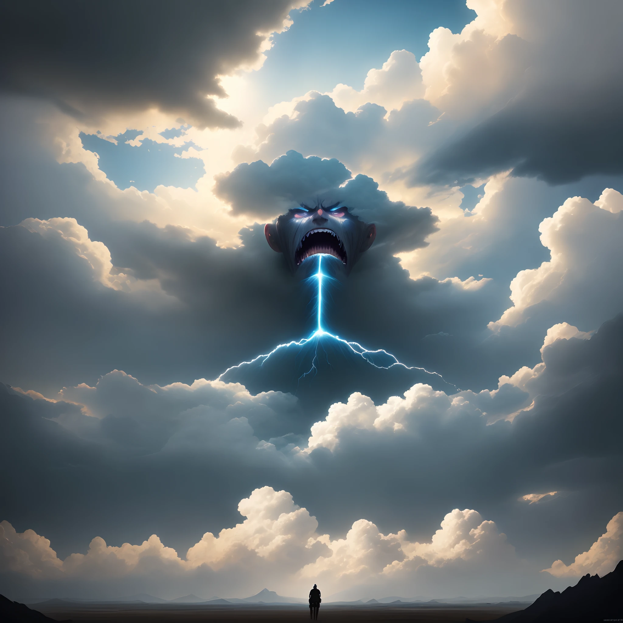 Attack on Titan, Angry God, Clouds, Thunder, Dark and Gritty, Studio Ghibli, Anime Key Visuals, Makoto Shinkai, Deep Color, Complex, 8k resolution concept art, natural light, beautiful composition,