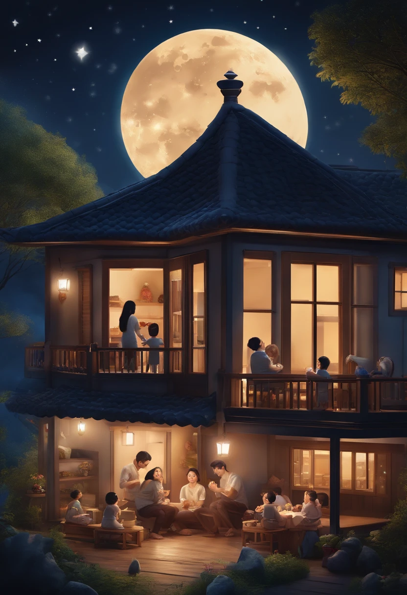 Full moon and stars in sky illustration,The family sits together eating mooncakes,Mom and dad laugh with the kids,Have in the living room、Bright house scene,extremely detailed face and skin,Heartwarming scene