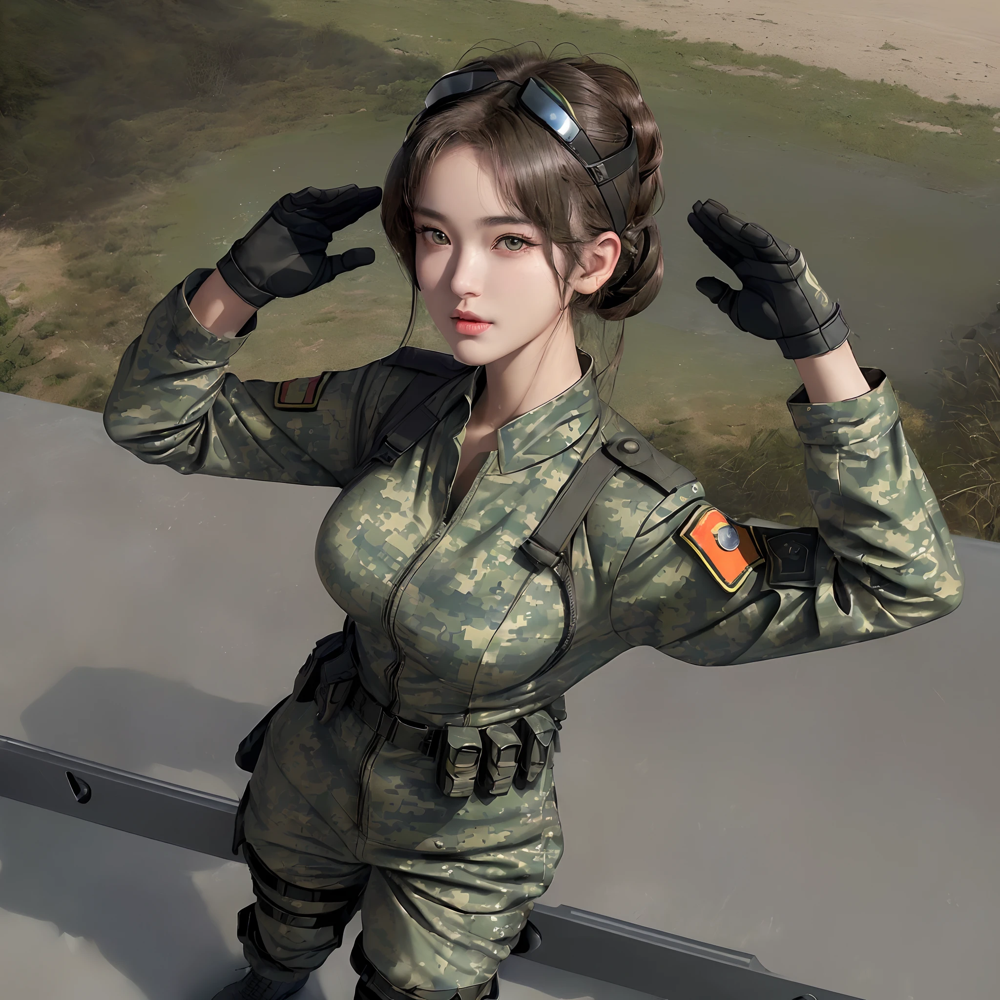 (ultra realisic), (Illustration), (Resolution Enhancement), (8K), (Extremely detailed), (Best Illustration), (beautiful-detailed eyes), (Best Quality), (The ultra-detailliert), (Masterpiece ), ( wall paper), (Detailed face),.raw, (​masterpiece, Best Quality, high resolucion), 1 Girl, 170cm, 19 years old, middle hair, Hair-up style,(Huge battle goggles on your head), (Flack Jacket),((Wearing a detailed Korean camouflage uniform)), glove, detailed background, (In a combat truck), Sunny day, (Combat Jeep, MG-50 series), Battle decoration, captivating, perfect anatomia ,perfect legs, Slim Body, cleavage, Wide-angle shooting, Human Body Proportions, (Black Combat Boots), Dynamic Angle, (s whole body:1.5), (Military salute:0.5, attention), (((The perfect rifle:1.6,K-2 (K-2)))),((Soldiers, K-Army)), looking up at viewer, (camouflaged), focusing_face,strong, Muscular.