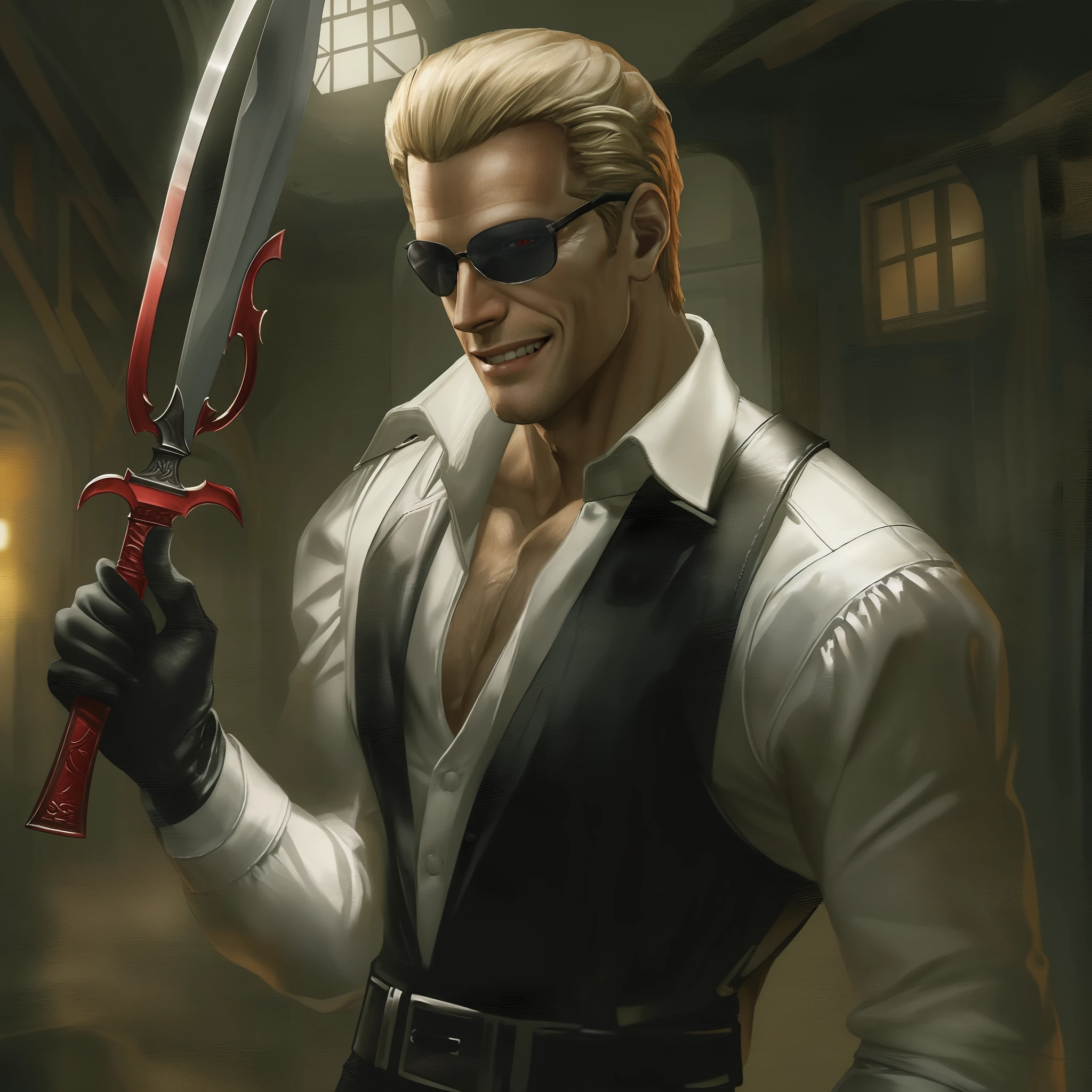 Albert Wesker, in a village, holding a dagger, wearing a frilly white shirt, tight black leather pants, red eyes, slicked back blonde hair, grinning, high quality