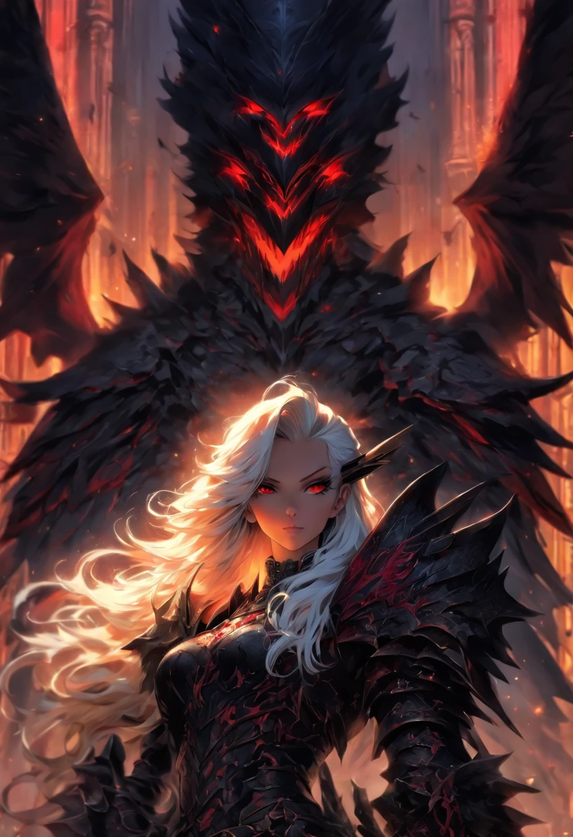 ((queen armor girl)) , (gothic style), full body view , bellybutton, The most beautiful and sexy demon goddess, long white hair, glowing red eyes, wearing detailed black gothic battle armor, black angel wings, tattoos and piercings, gothic castle, perfect masterpiece, high quality, high resolution, dragon's dogma, arms crossed on the chest